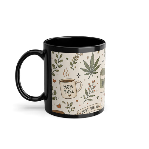 Black Ceramic Mug — Cozy Herbal Coffee Pattern (11 oz)