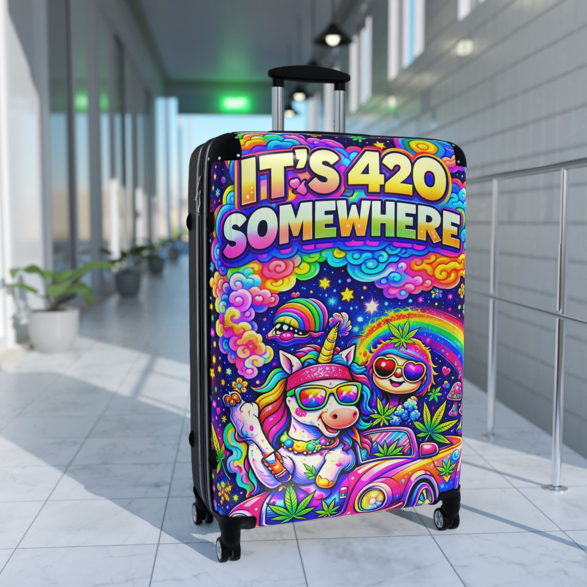 420 Rainbow Travel Suitcase — "It’s 420 Somewhere" Colorful Unicorn & Sloth Luggage Cover