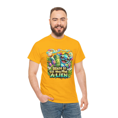 Alien Mushroom Graphic Tee - "Blaze It Till You’re A-LIEN" Psychedelic Cartoon Shirt