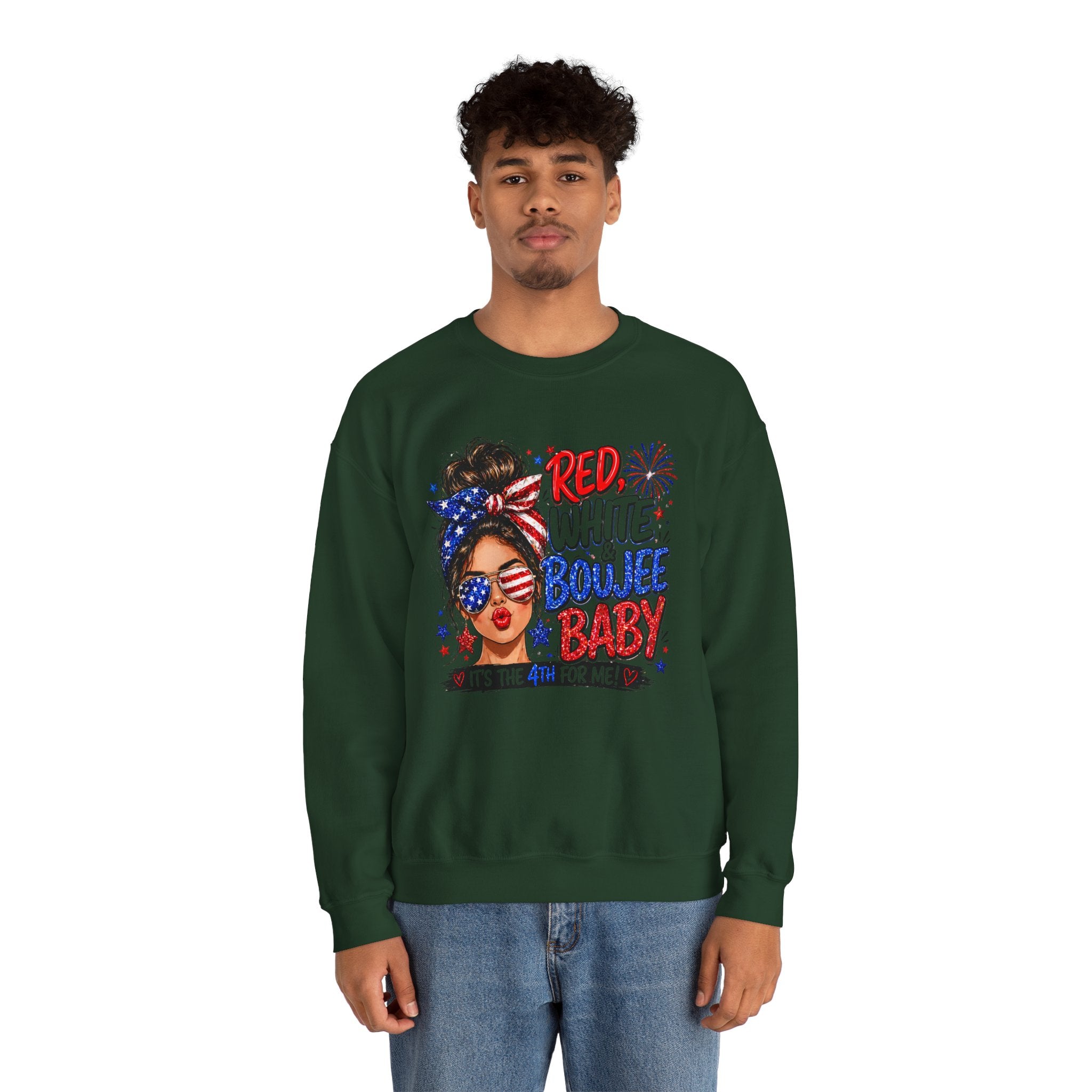 Crewneck Sweatshirt — "Red White Boujee Baby" Patriotic Women's 4th of July Graphic