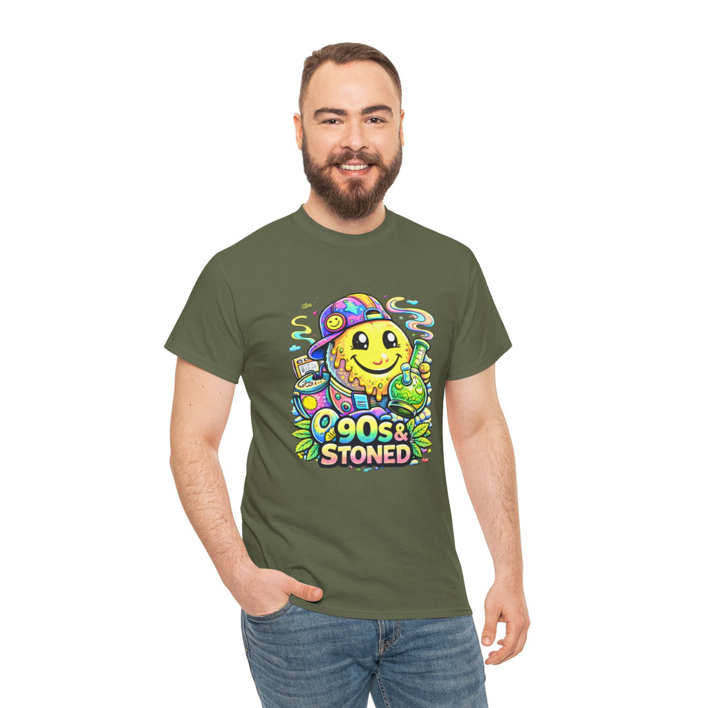 90s & Stoned Smiley Tee — Retro Vaporwave Cannabis Graphic T-Shirt