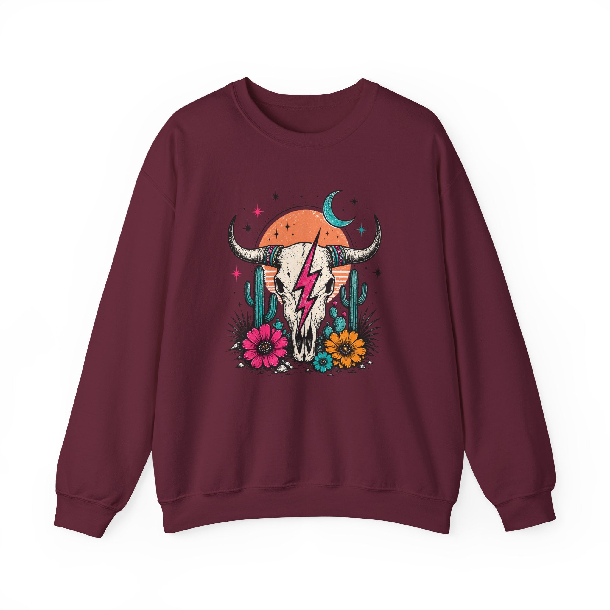 Southwest Skull Crewneck Sweatshirt — Desert Cactus Lightning Graphic