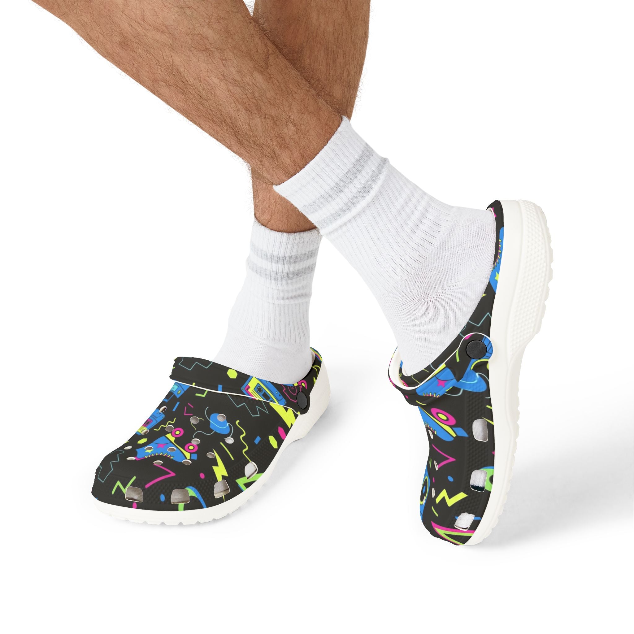 Retro Neon Roller Skate EVA Clogs — 80s Boombox & Stars Slip-On Shoes