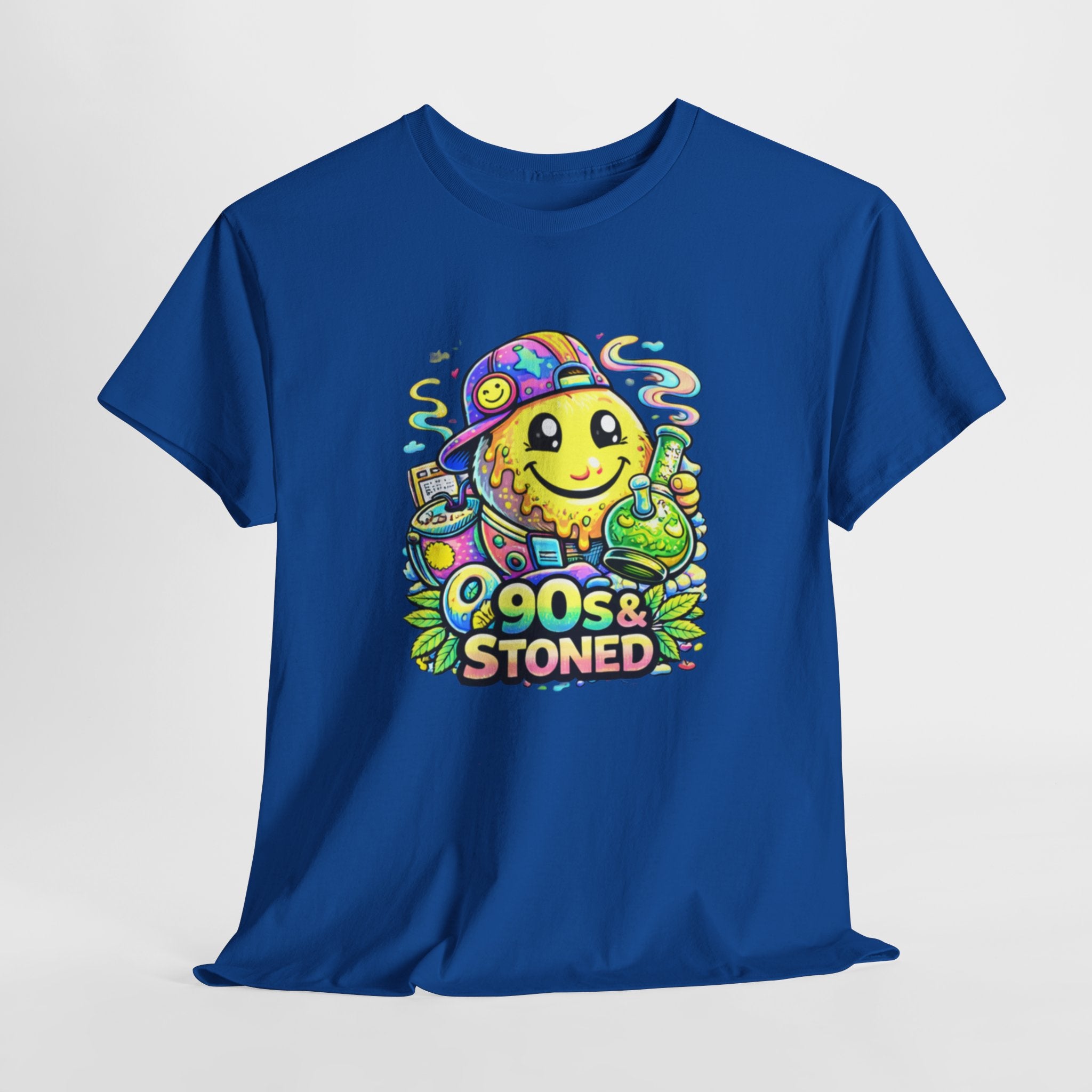 90s & Stoned Smiley Tee — Retro Vaporwave Cannabis Graphic T-Shirt