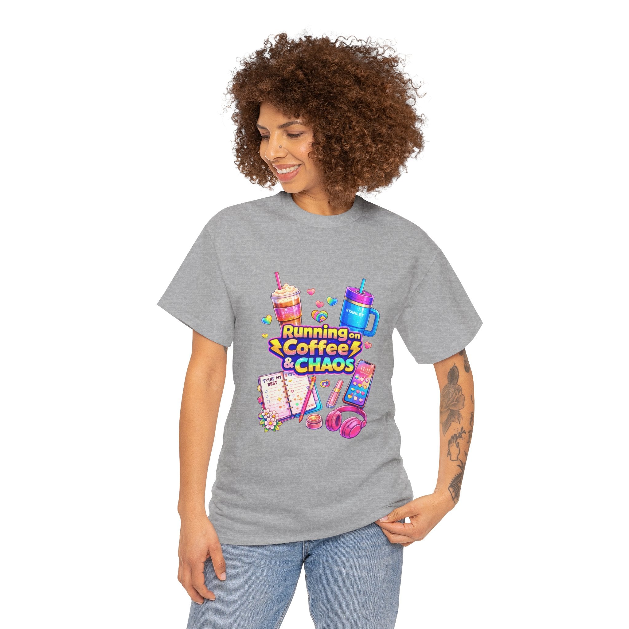 Graphic Tee — "Running on Coffee & Chaos" Colorful Planner Lover Shirt