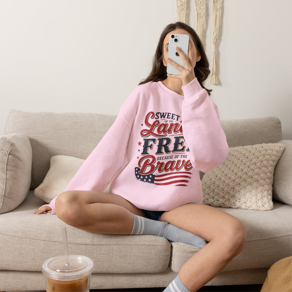 Crewneck Sweatshirt — "Sweet Land Free Because of the Brave" Patriotic Flag Design