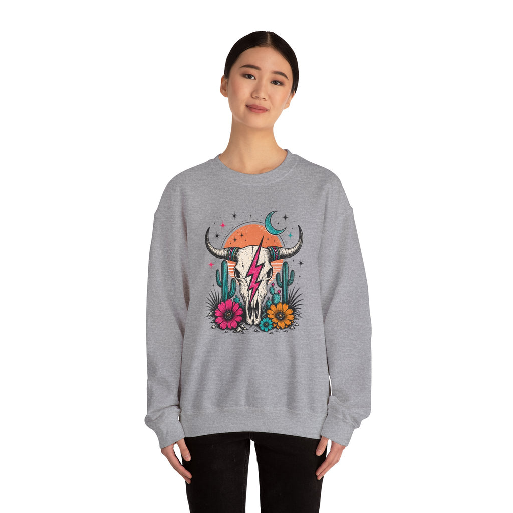Southwest Skull Crewneck Sweatshirt — Desert Cactus Lightning Graphic