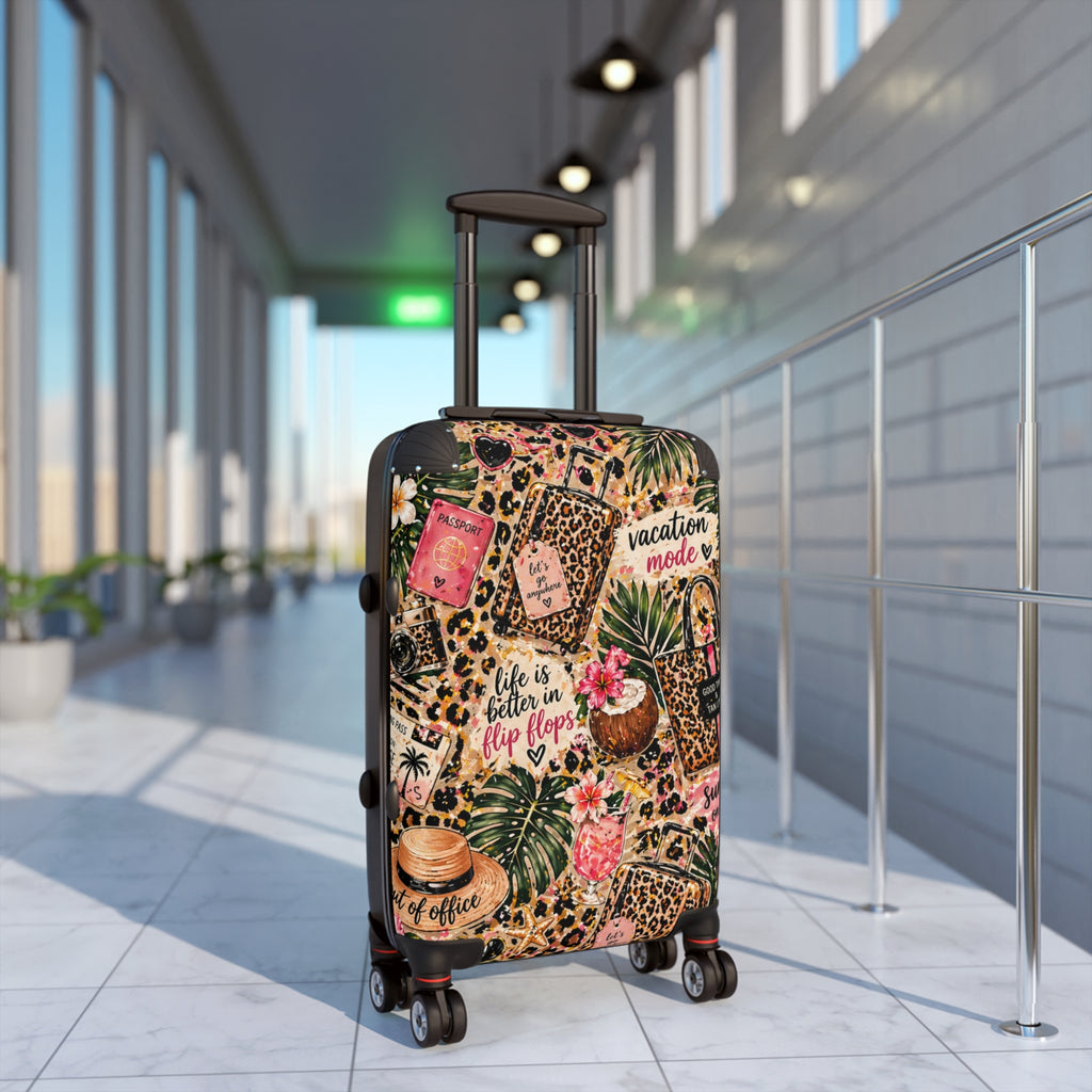 Leopard Tropical "Vacation Mode" Suitcase — Cabin Luggage Cover with ‘Life Is Better in Flip Flops’ Design