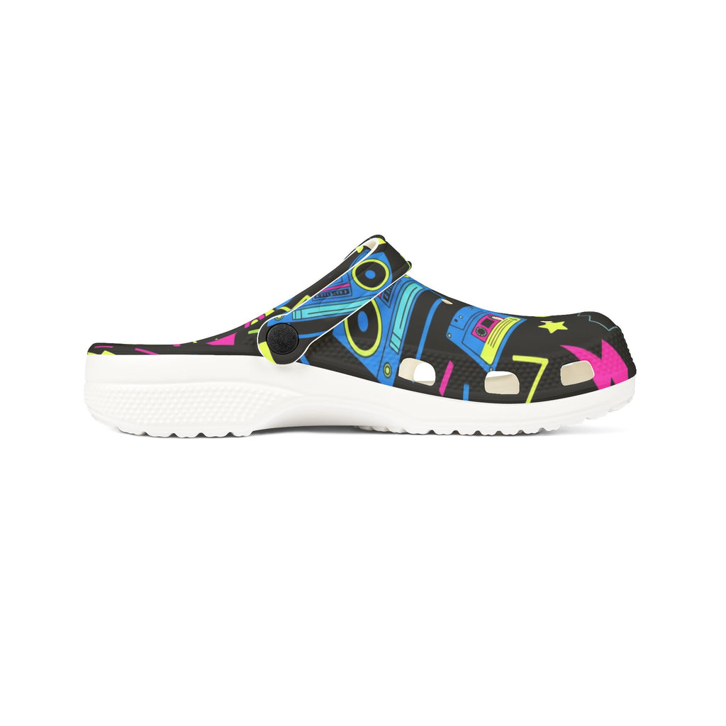 Retro Neon Roller Skate EVA Clogs — 80s Boombox & Stars Slip-On Shoes