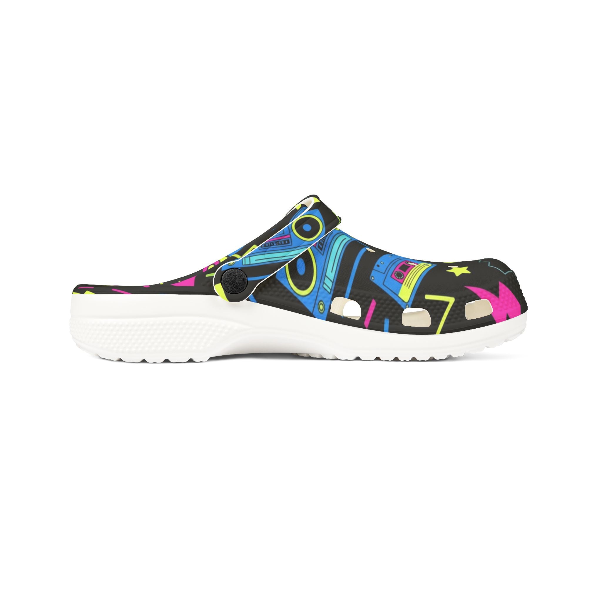 Retro Neon Roller Skate EVA Clogs — 80s Boombox & Stars Slip-On Shoes