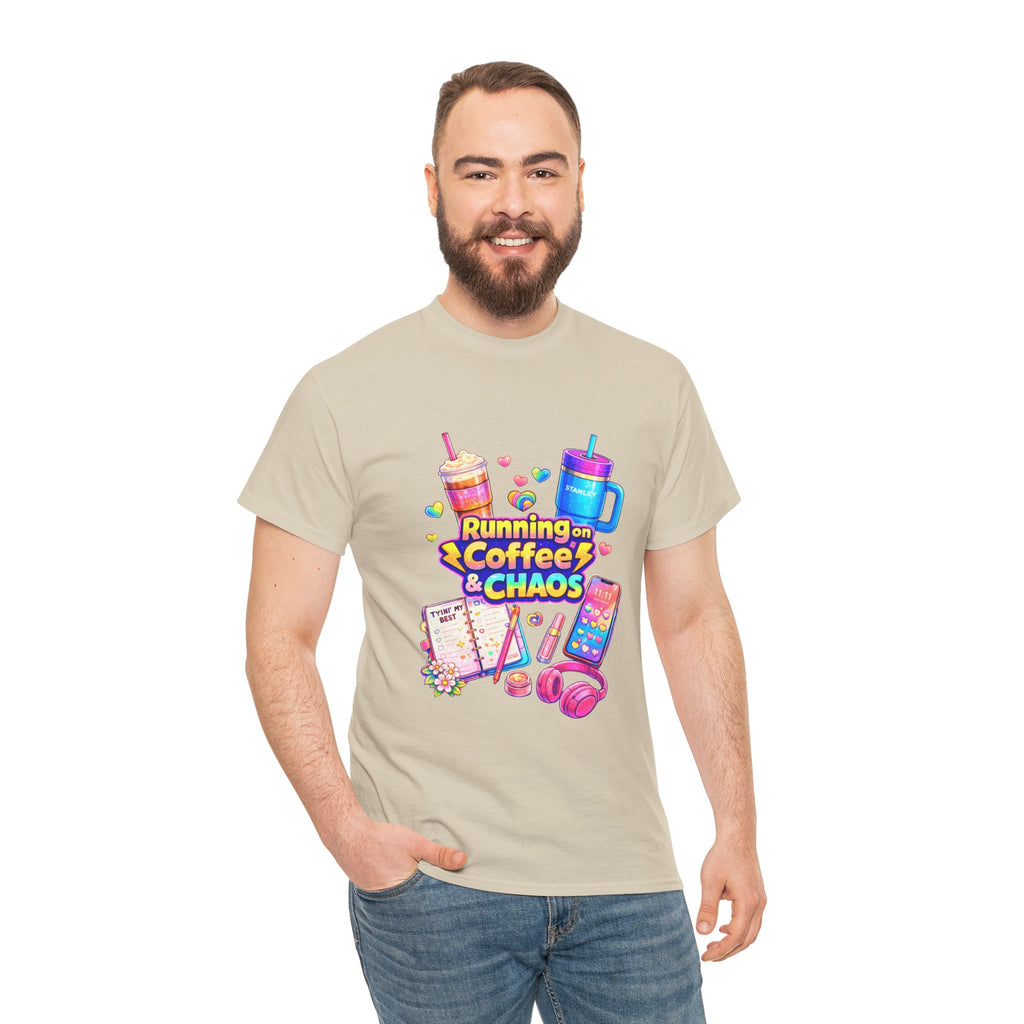 Graphic Tee — "Running on Coffee & Chaos" Colorful Planner Lover Shirt