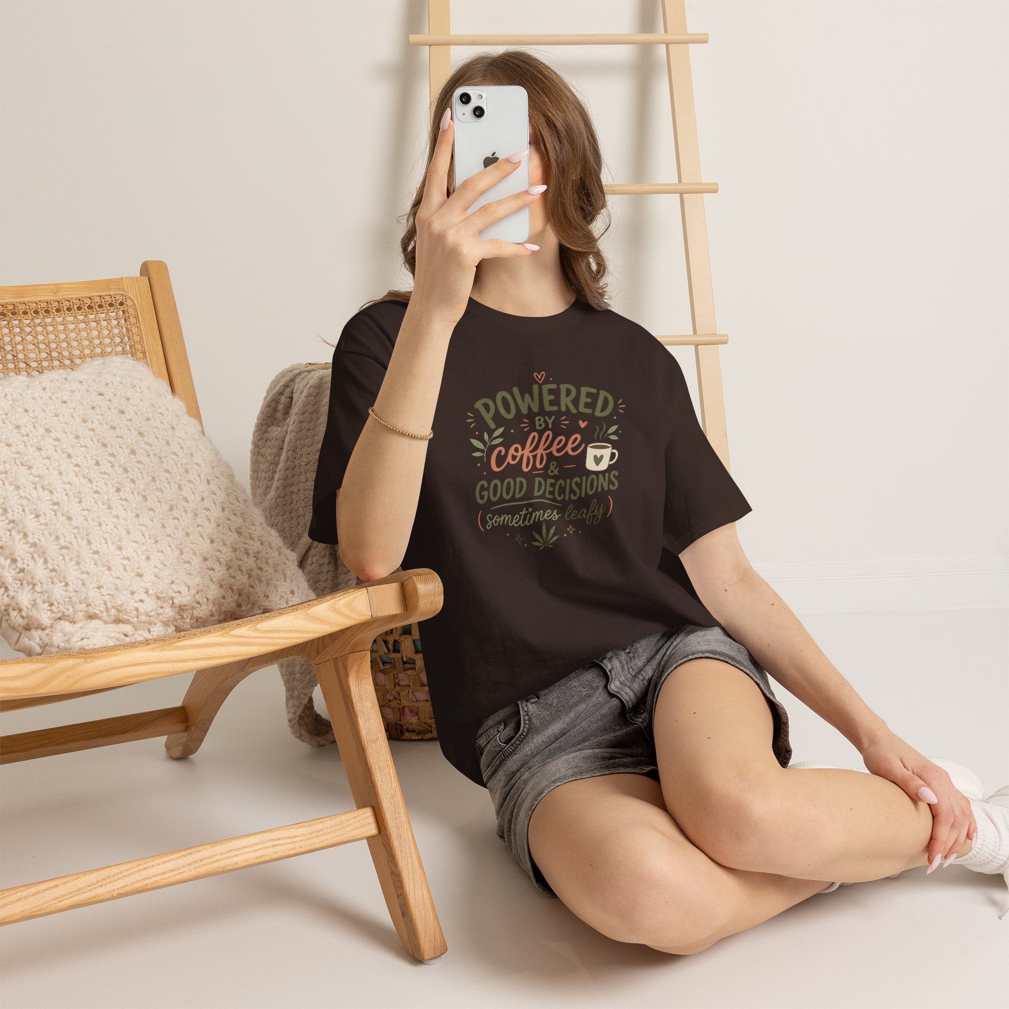Coffee & Good Decisions T-Shirt — "Powered by Coffee & Good Decisions (Sometimes Leafy)"