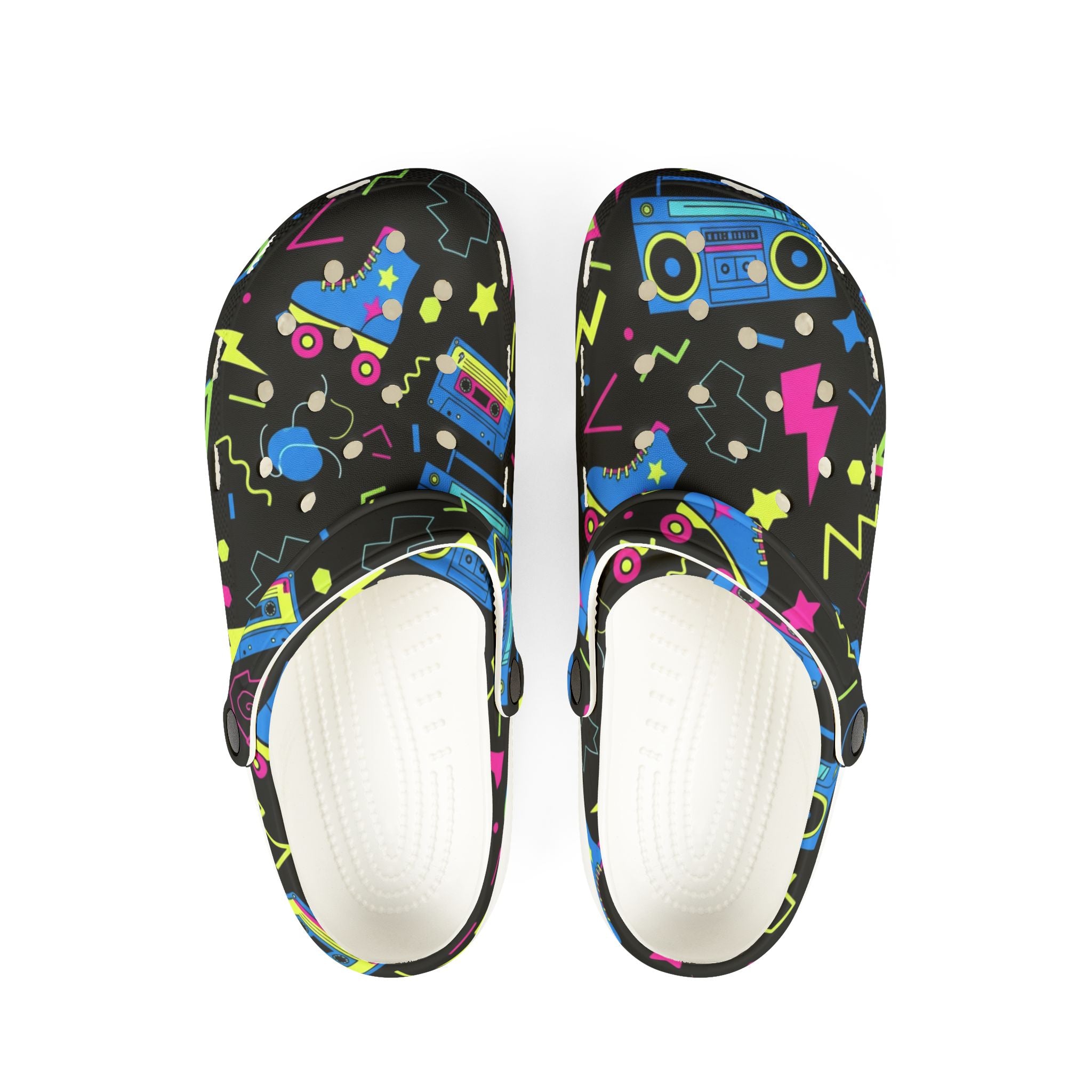 Retro Neon Roller Skate EVA Clogs — 80s Boombox & Stars Slip-On Shoes