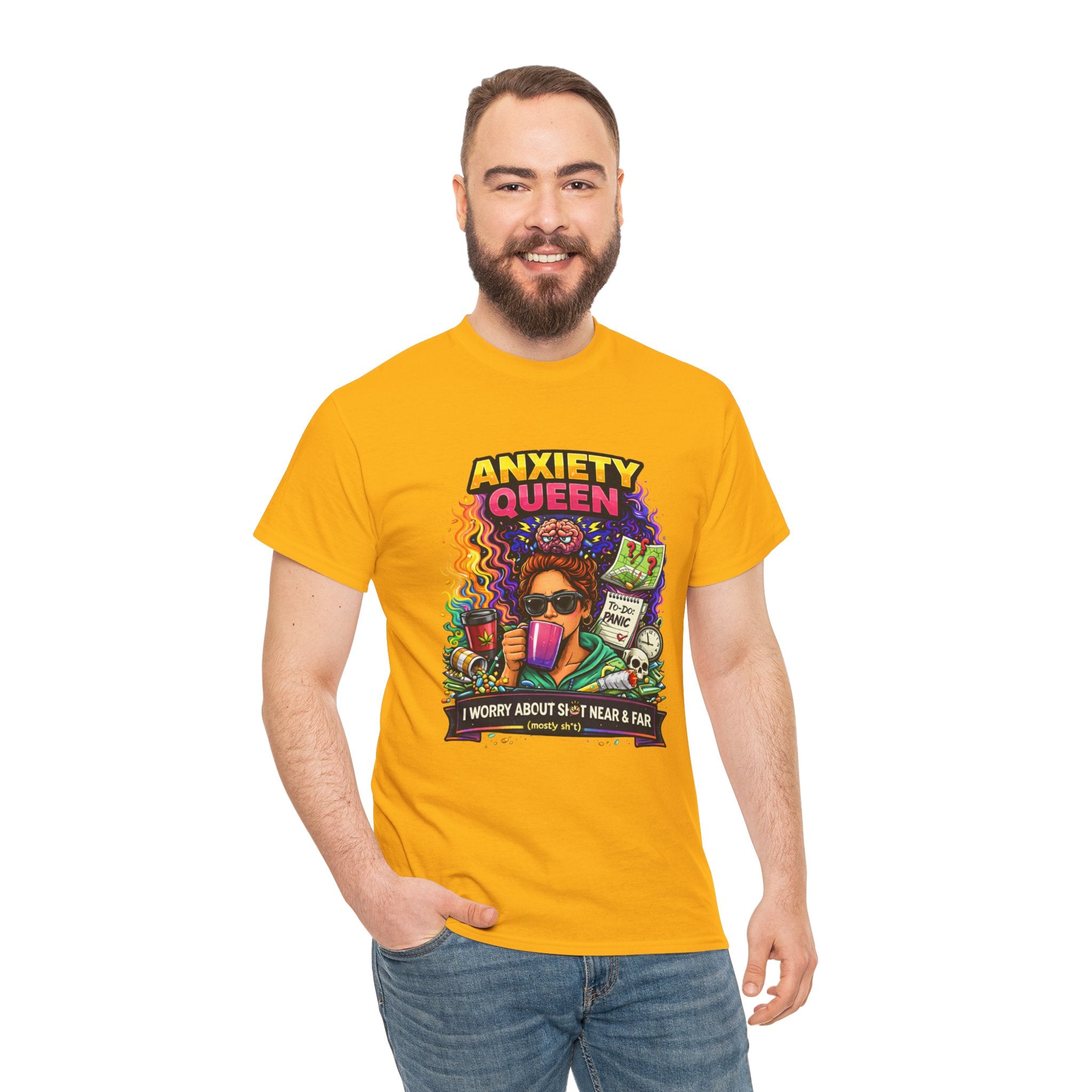Anxiety Queen T-Shirt – Funny Mental Health Graphic Tee (“I Worry About Sh*t Near & Far”)