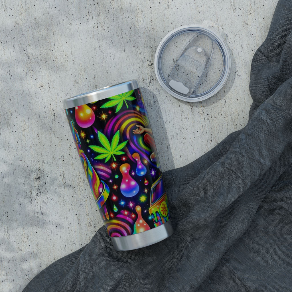 Psychedelic Hippie Tumbler — 20oz Vagabond Travel Mug with Tie-Dye & Cannabis Art