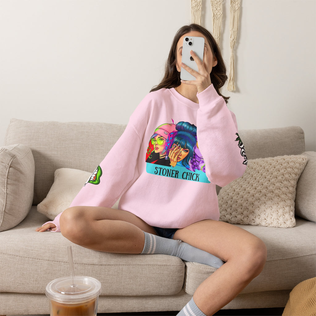 Stoner Chicks Crewneck Sweatshirt — Retro Cannabis Graphic