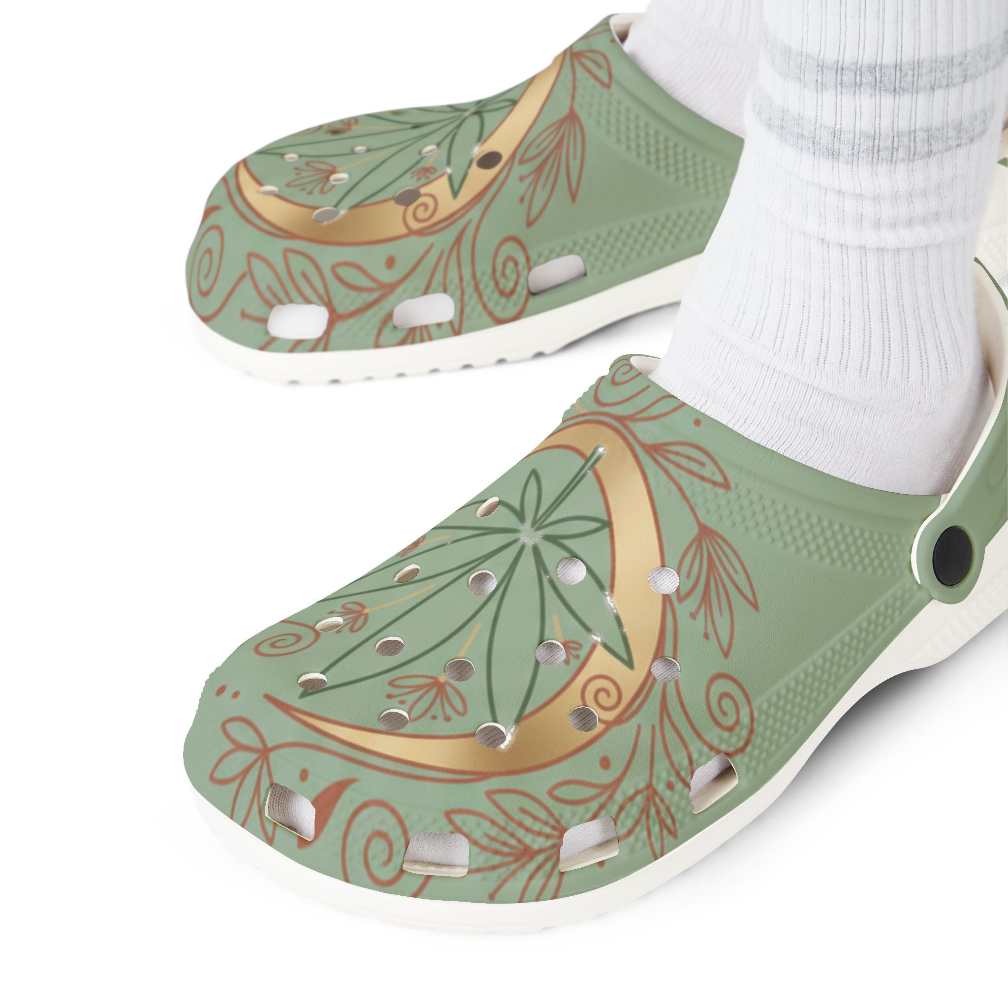 Green Botanical Leaf EVA Clogs — Comfortable Slip-On Garden Shoes