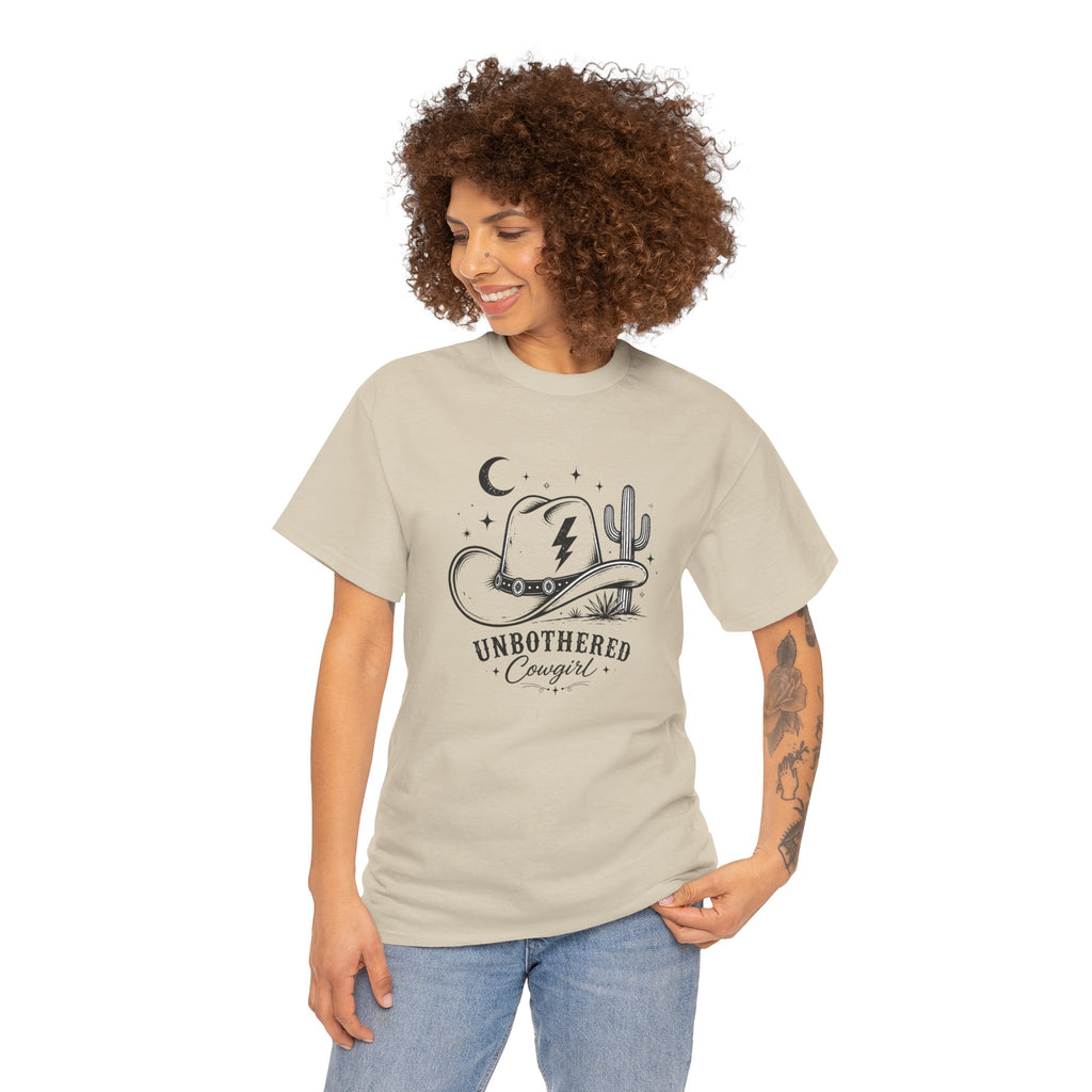Unbothered Cowgirl Graphic Tee — Western Cowboy Hat & Cactus Design