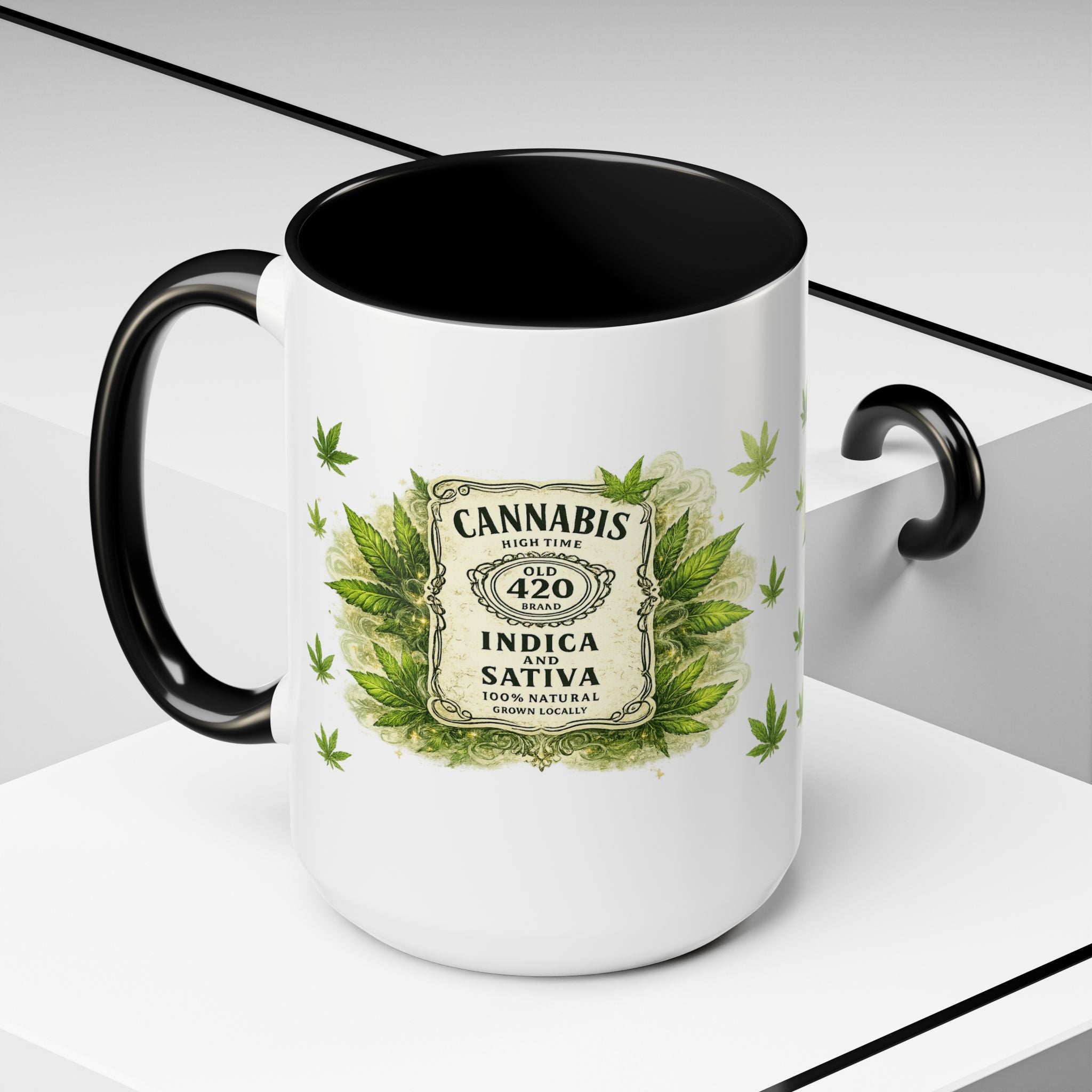 Cannabis 420 Accent Coffee Mug — Indica & Sativa Leaf Pattern (11/15oz)
