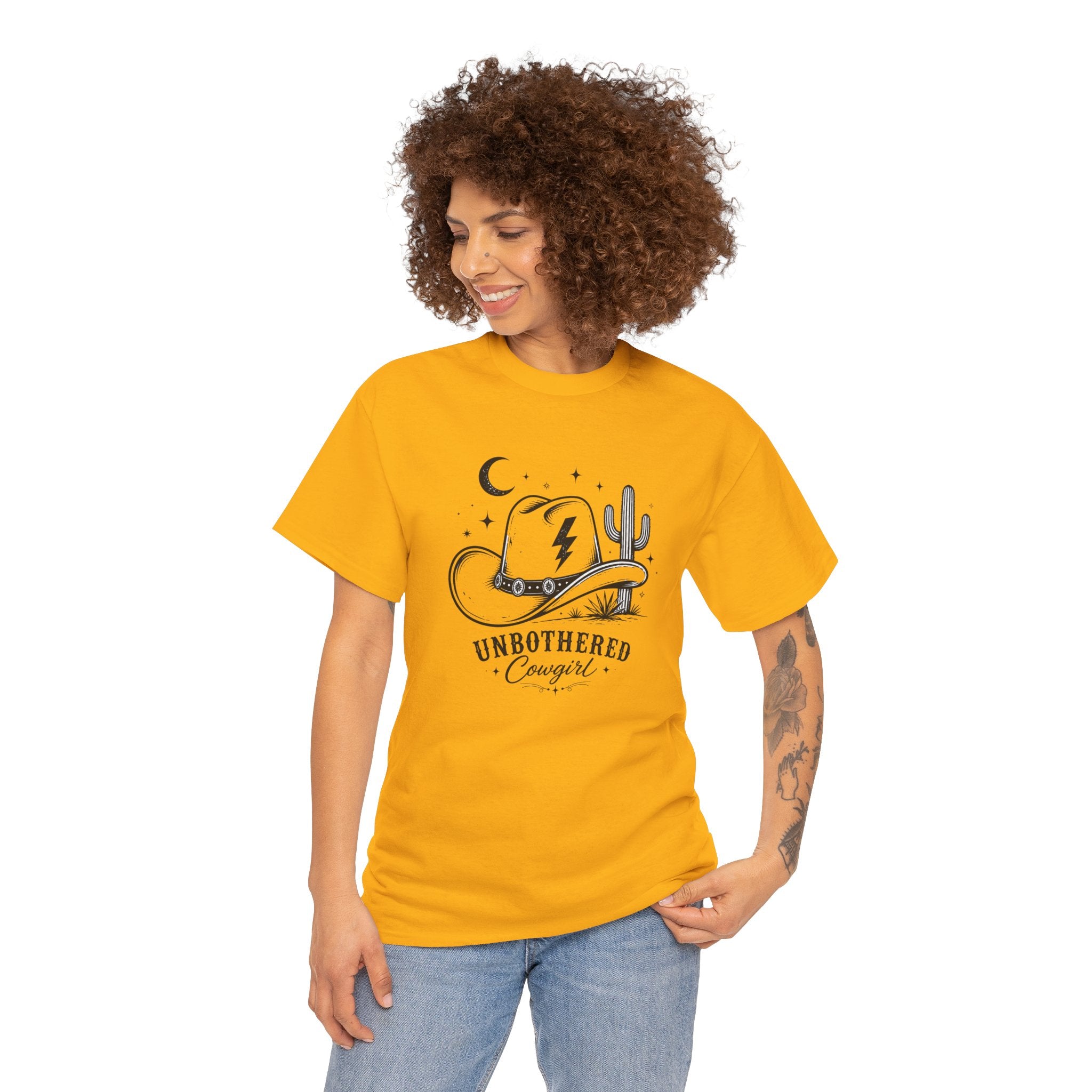 Unbothered Cowgirl Graphic Tee — Western Cowboy Hat & Cactus Design