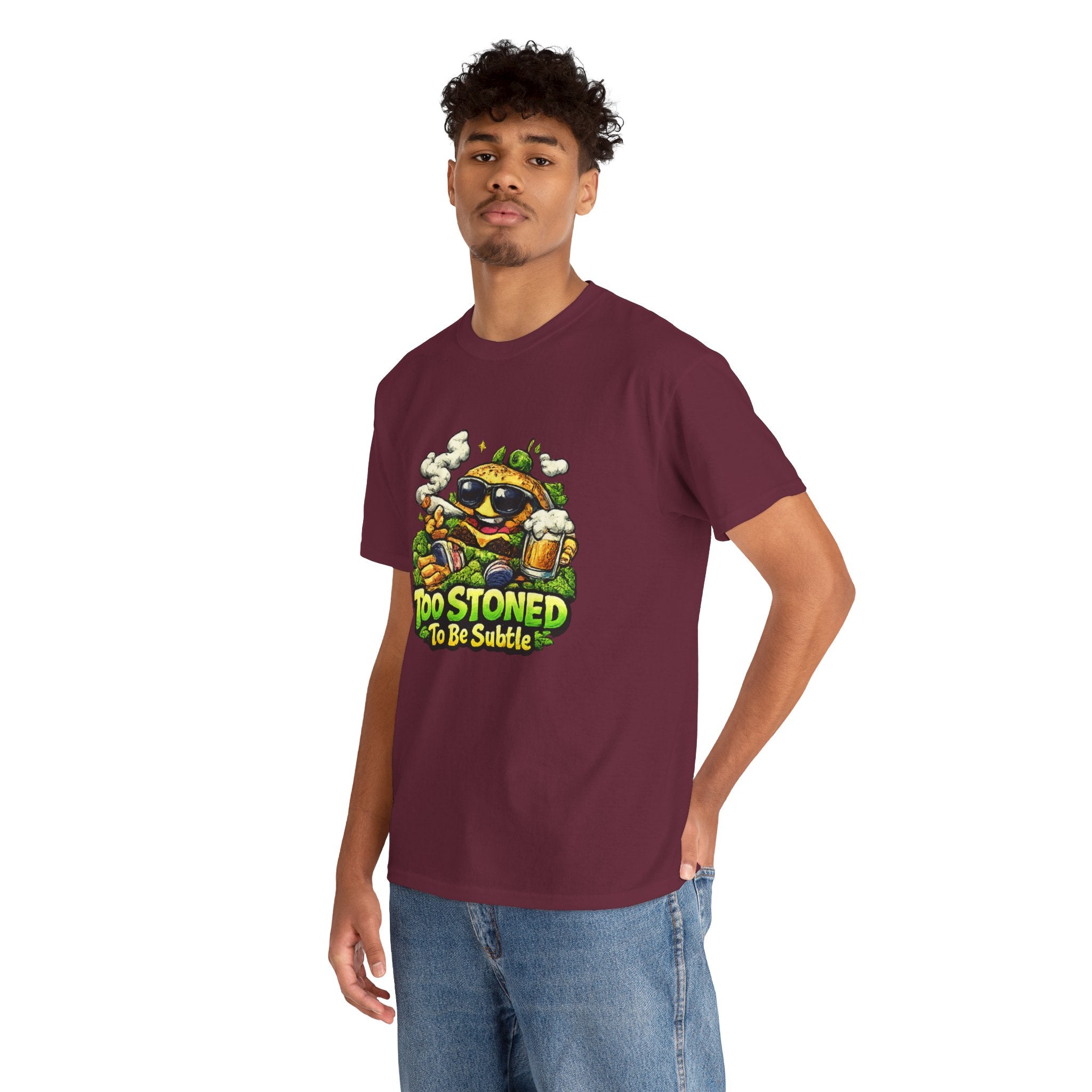 Too Stoned To Be Subtle Tee - Funny Retro Cartoon Burger Cannabis T-Shirt