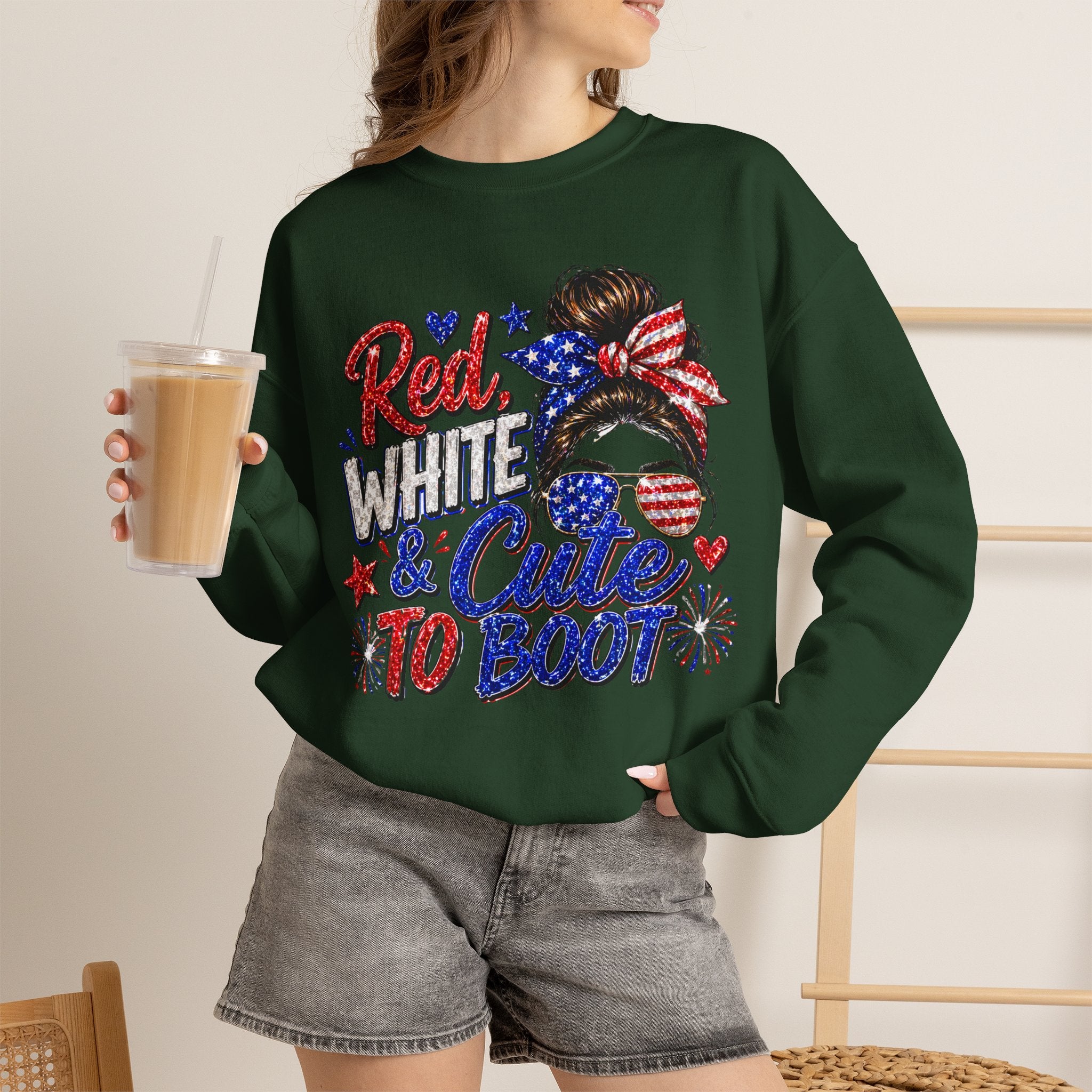 Crewneck Sweatshirt - "Red, White & Cute to Boot" Patriotic Women’s Graphic