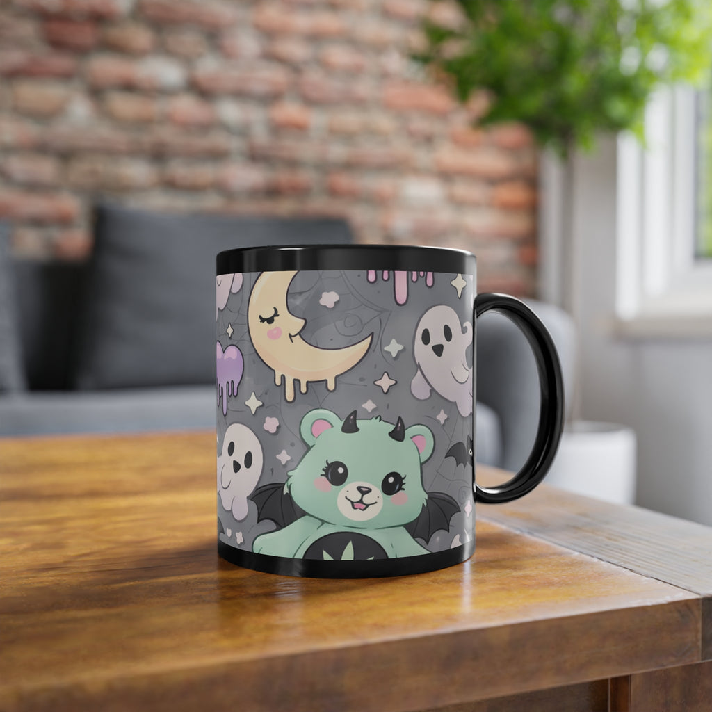 Ghostly Kawaii Pattern Coffee Mug — Cute Pastel Halloween 11oz Black Cup