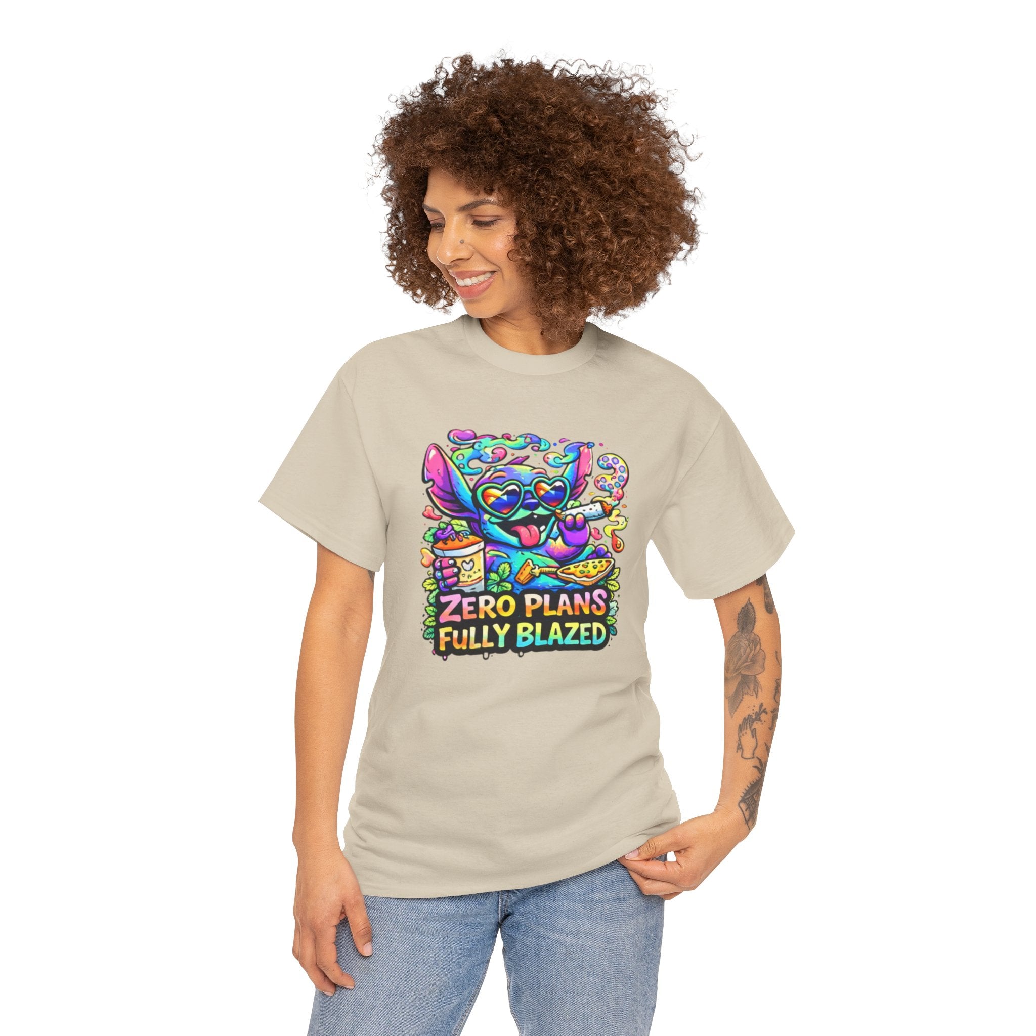 Zero Plans Fully Blazed Tee — Colorful Stoner Cat Graphic T-Shirt