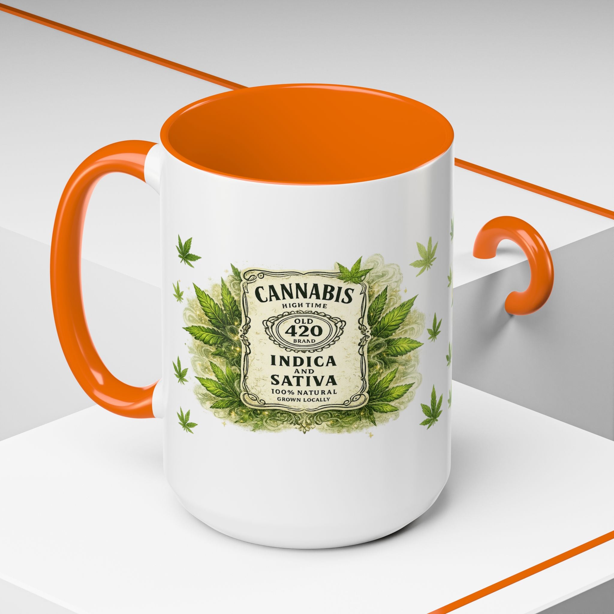 Cannabis 420 Accent Coffee Mug — Indica & Sativa Leaf Pattern (11/15oz)