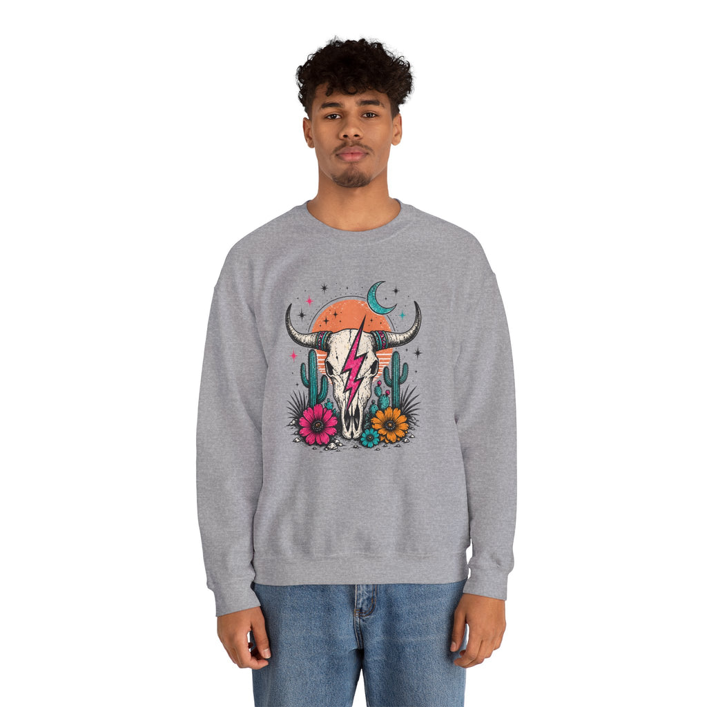 Southwest Skull Crewneck Sweatshirt — Desert Cactus Lightning Graphic