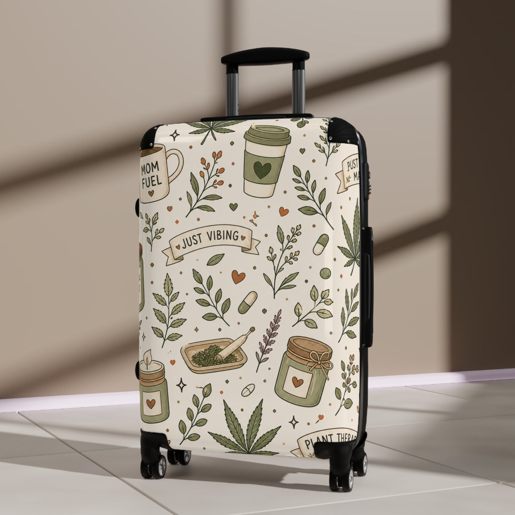 Suitcase — "Just Vibing" Mom Fuel Travel Luggage with Botanical Coffee & Hemp Pattern