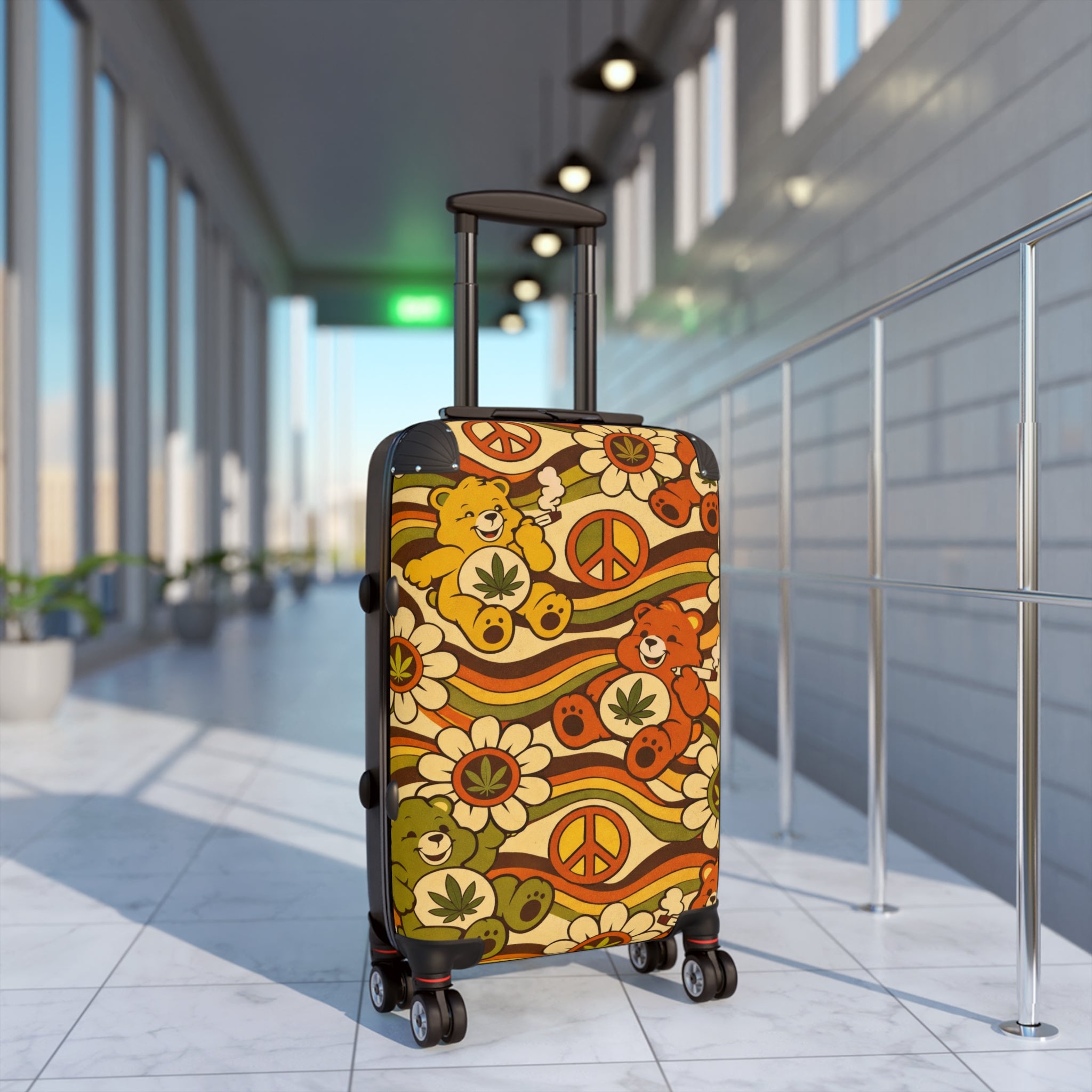 Retro Peace Bear Suitcase – 70s Floral & Peace Sign Luggage