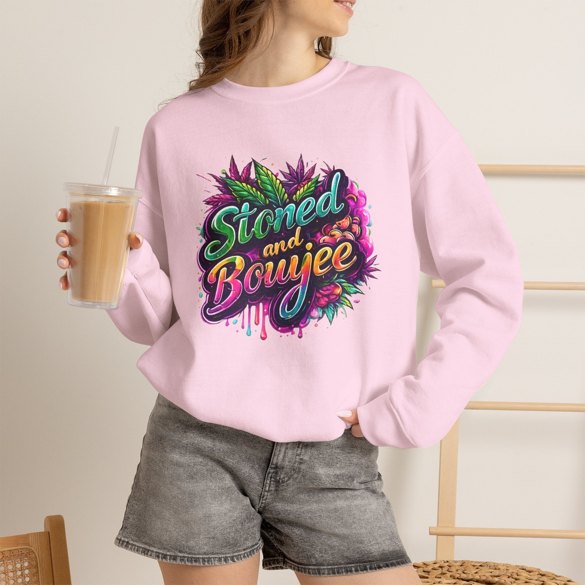Crewneck Sweatshirt — "Stoned and Boujee" Colorful Cannabis Graphic