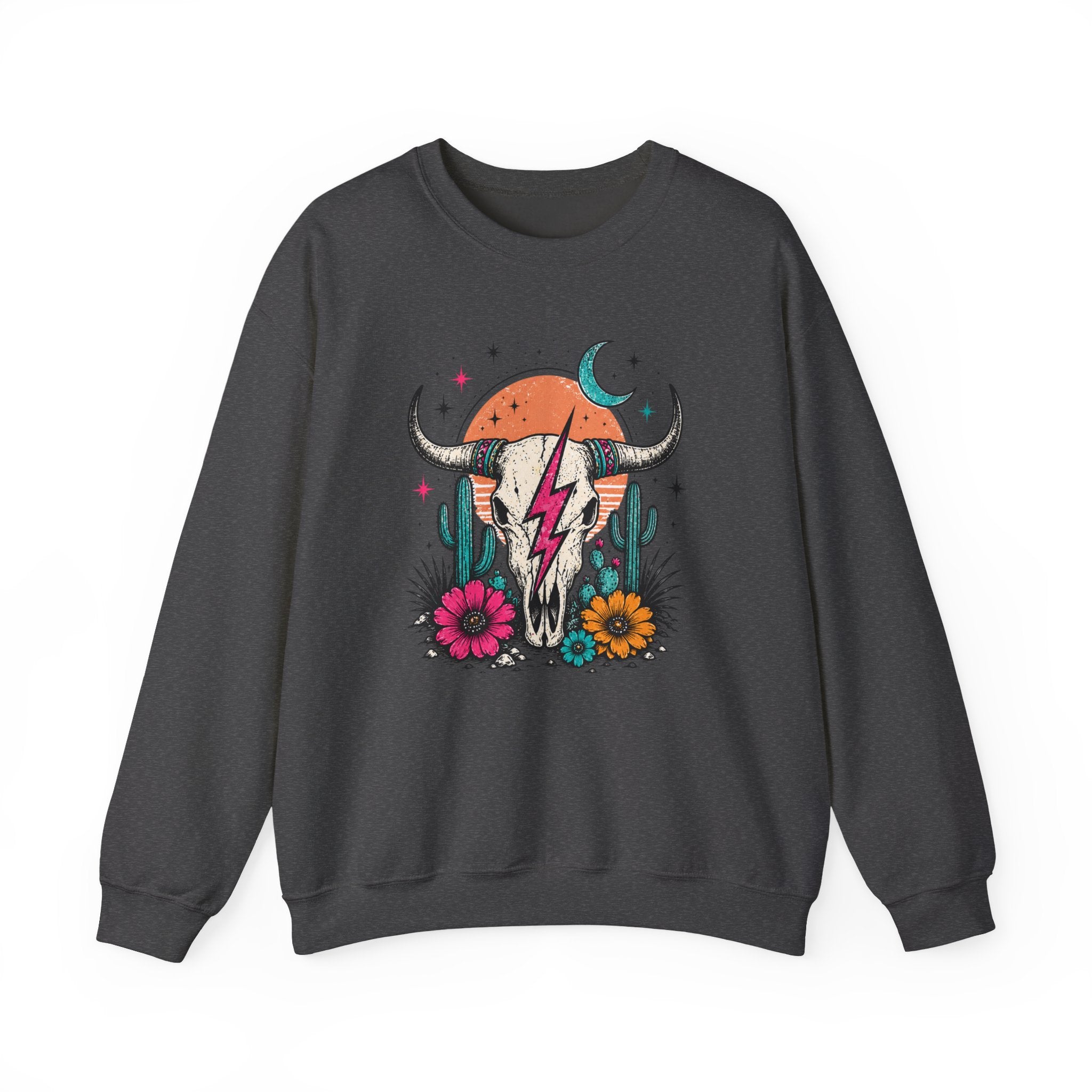 Southwest Skull Crewneck Sweatshirt — Desert Cactus Lightning Graphic