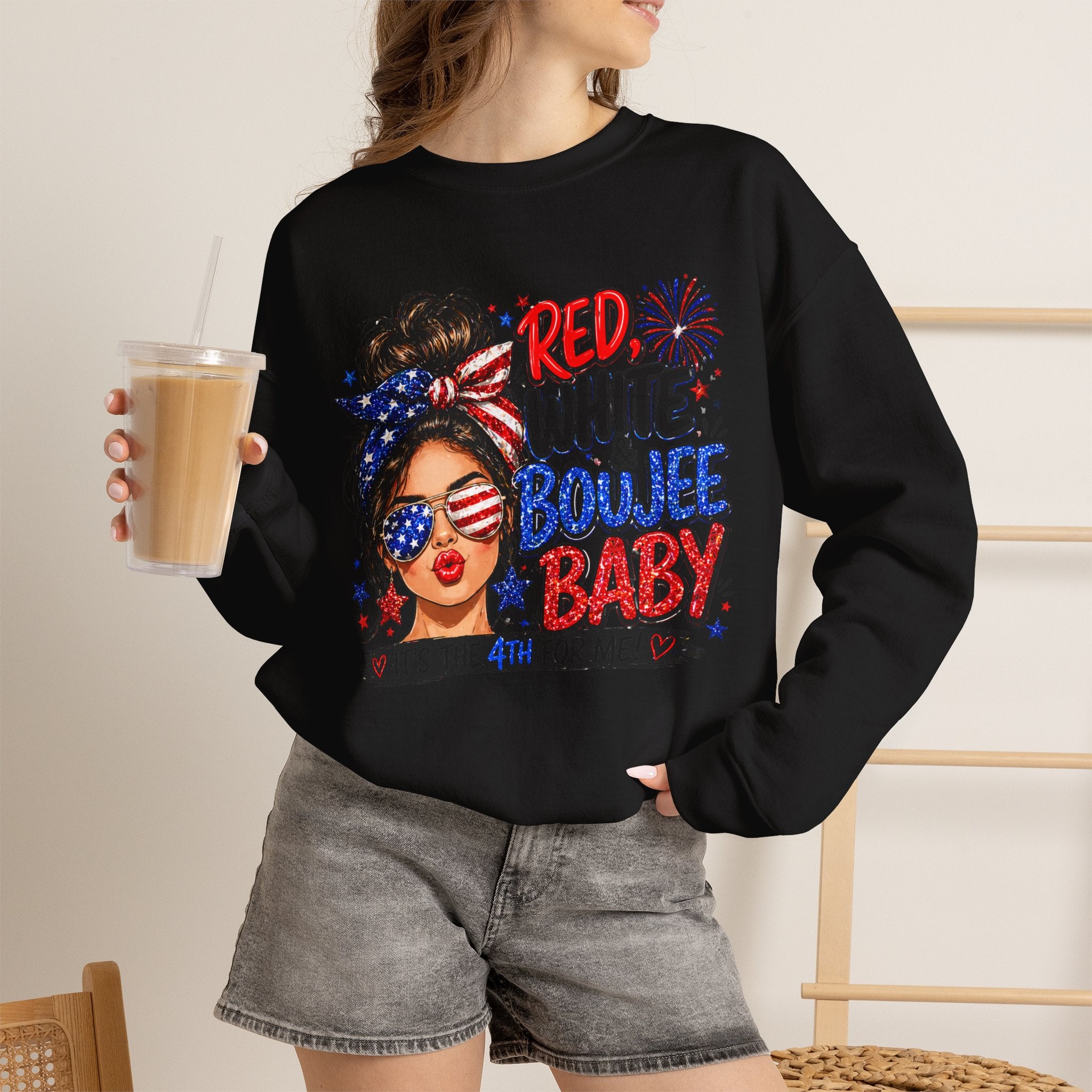 Crewneck Sweatshirt — "Red White Boujee Baby" Patriotic Women's 4th of July Graphic