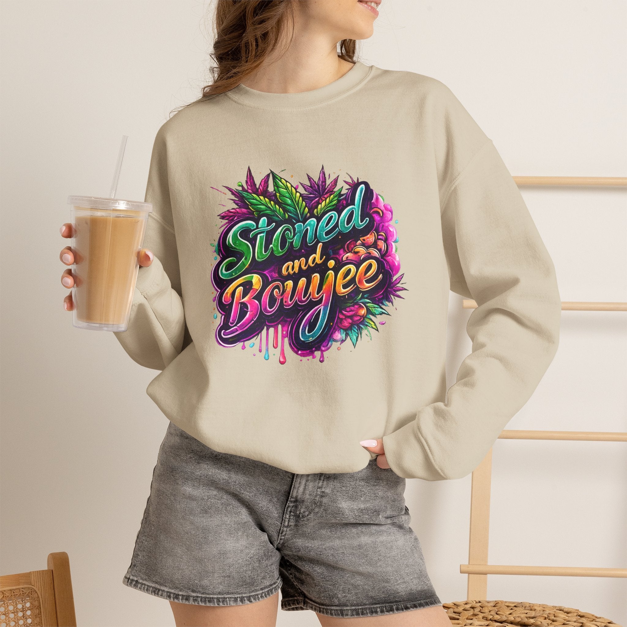 Crewneck Sweatshirt — "Stoned and Boujee" Colorful Cannabis Graphic