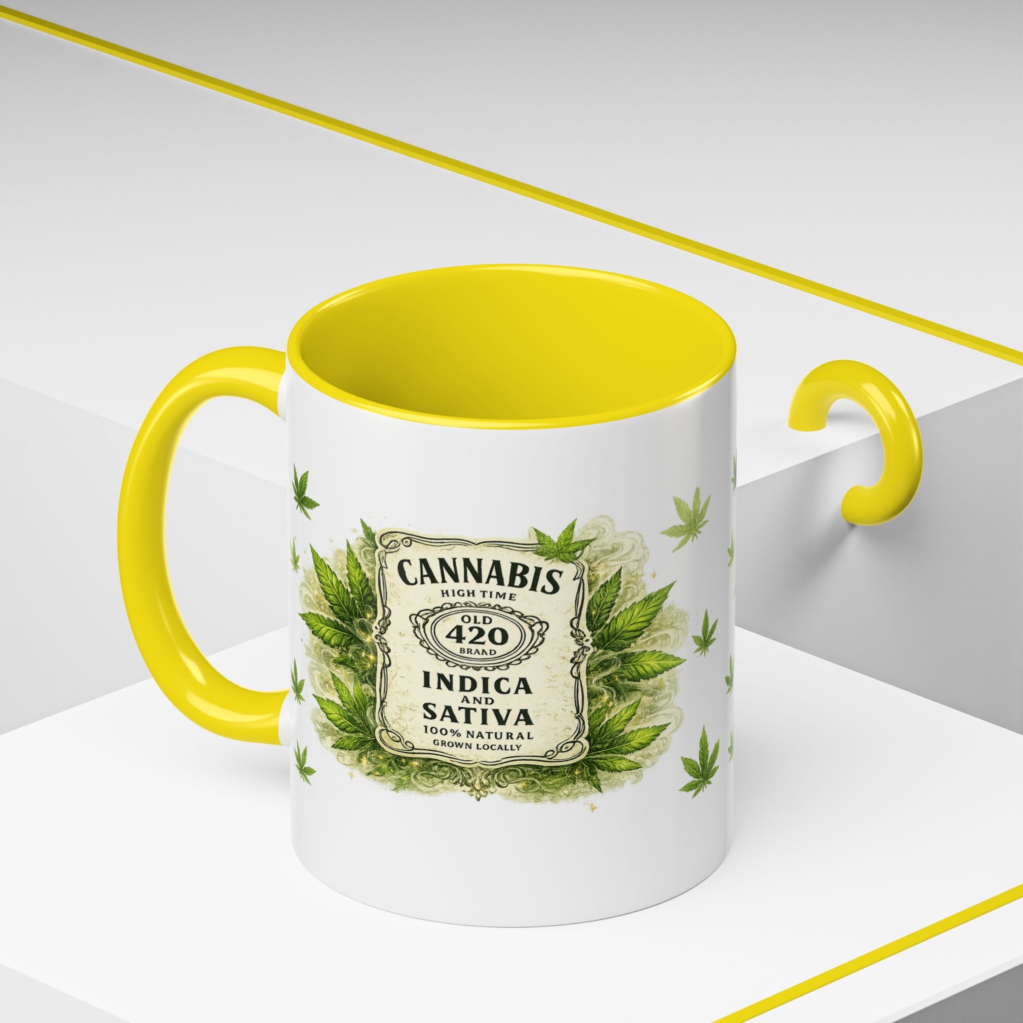 Cannabis 420 Accent Coffee Mug — Indica & Sativa Leaf Pattern (11/15oz)