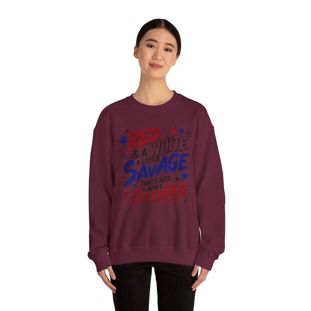 Crewneck Sweatshirt — "Red & White & A Little Savage" Patriotic 4th of July Pullover