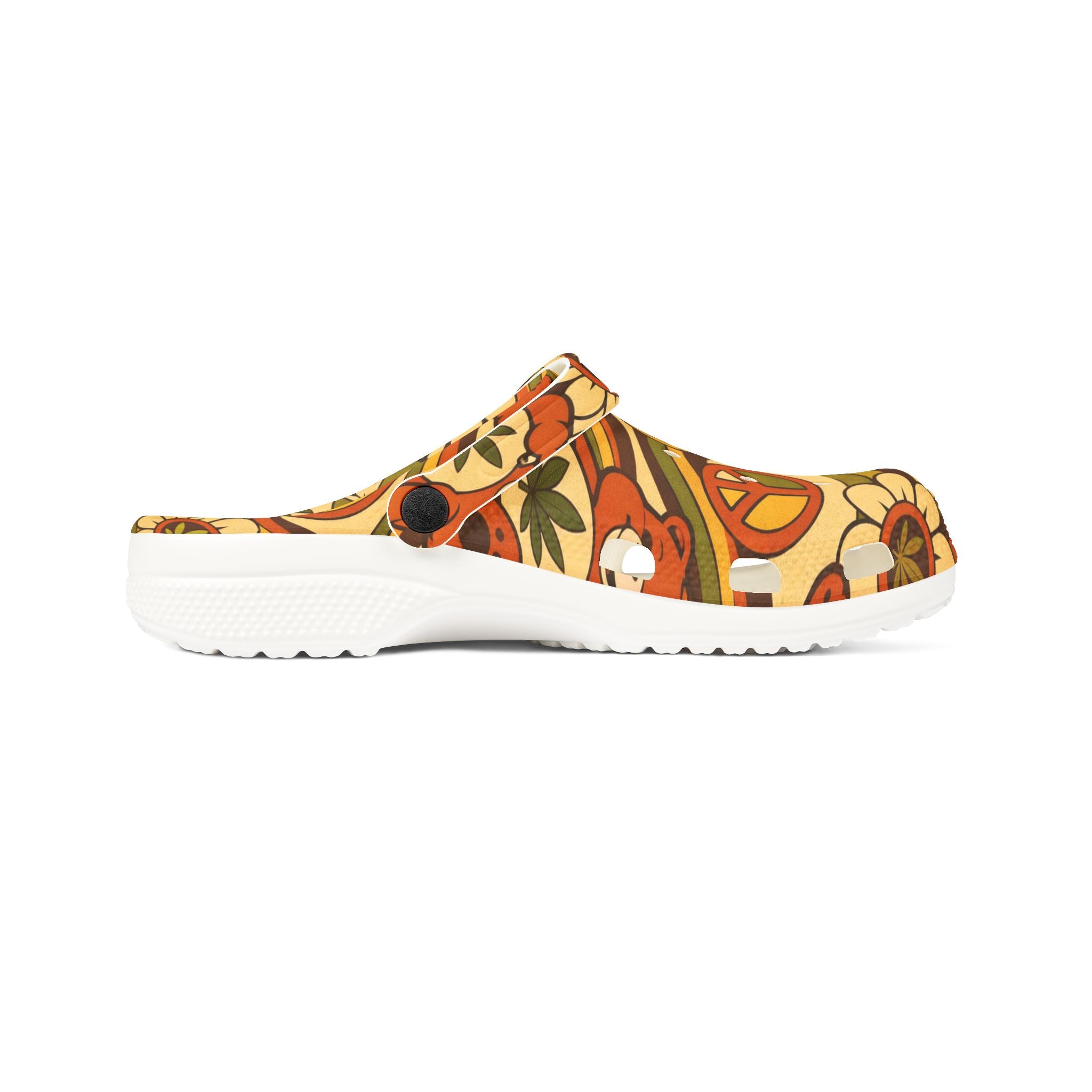 Retro Flower Power EVA Clogs — 70s Peace Sign Floral Slip-On Shoes