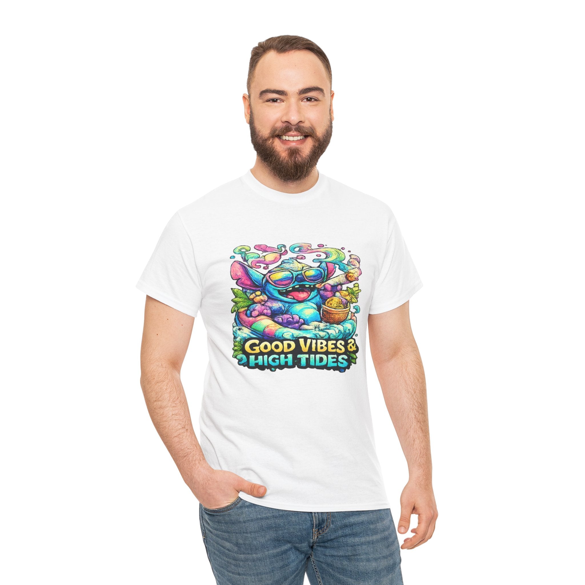 T-Shirt — "Good Vibes & High Tides" Colorful Surf Shark Graphic Tee