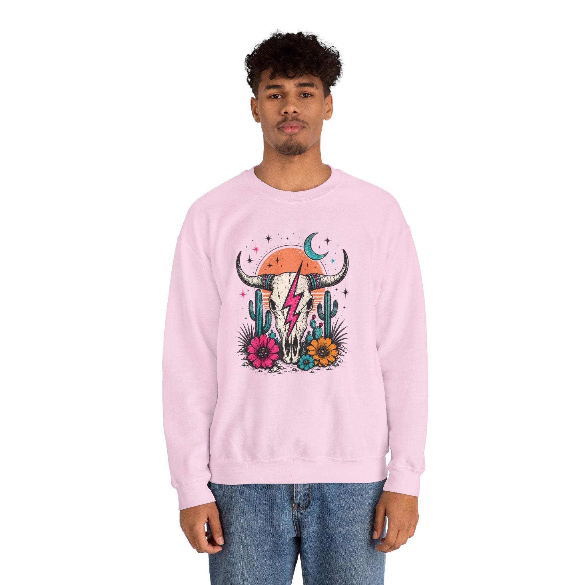 Southwest Skull Crewneck Sweatshirt — Desert Cactus Lightning Graphic