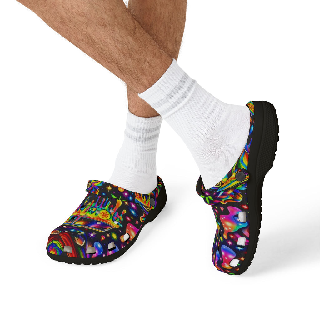 Psychedelic Hippie Van EVA Clogs — Colorful Drip Festival Slip-On Shoes