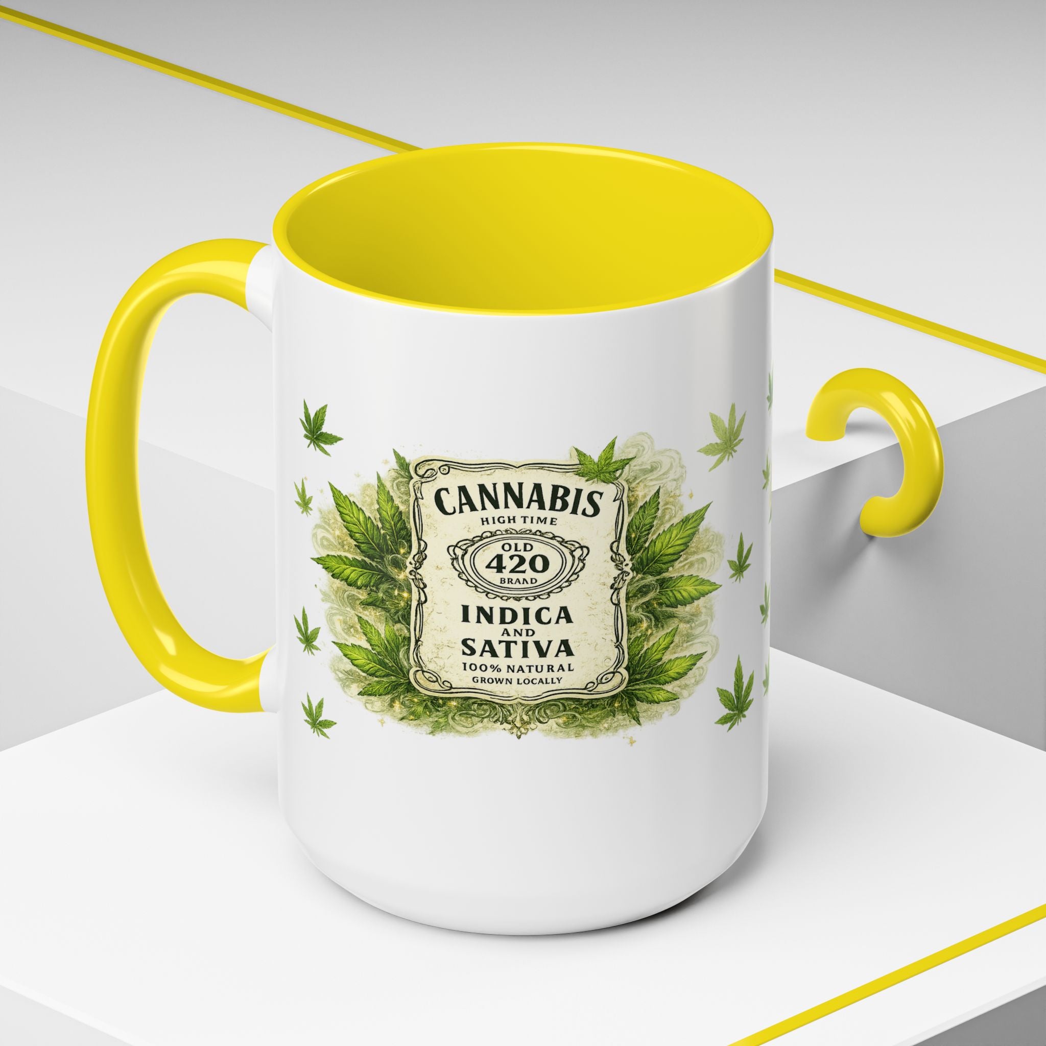 Cannabis 420 Accent Coffee Mug — Indica & Sativa Leaf Pattern (11/15oz)