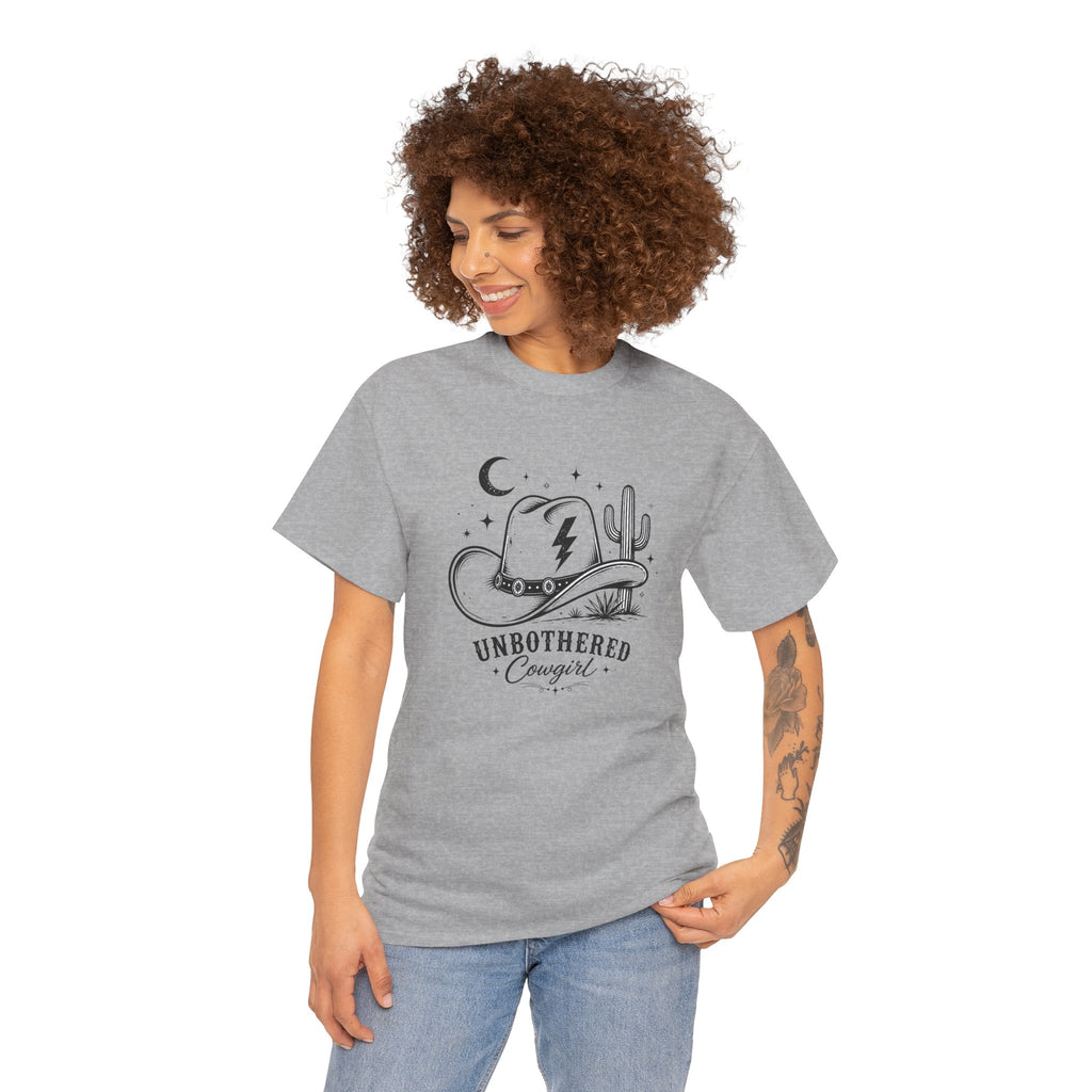 Unbothered Cowgirl Graphic Tee — Western Cowboy Hat & Cactus Design