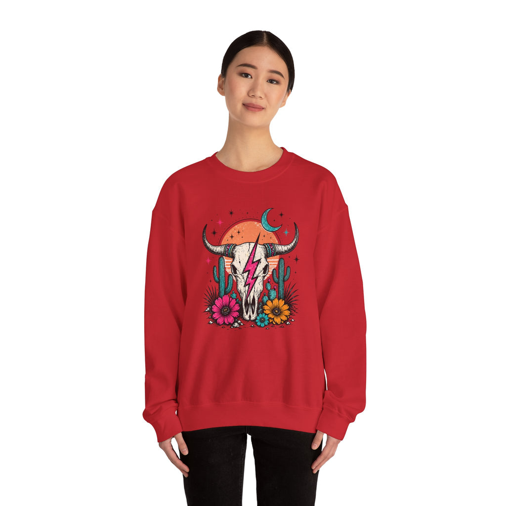 Southwest Skull Crewneck Sweatshirt — Desert Cactus Lightning Graphic