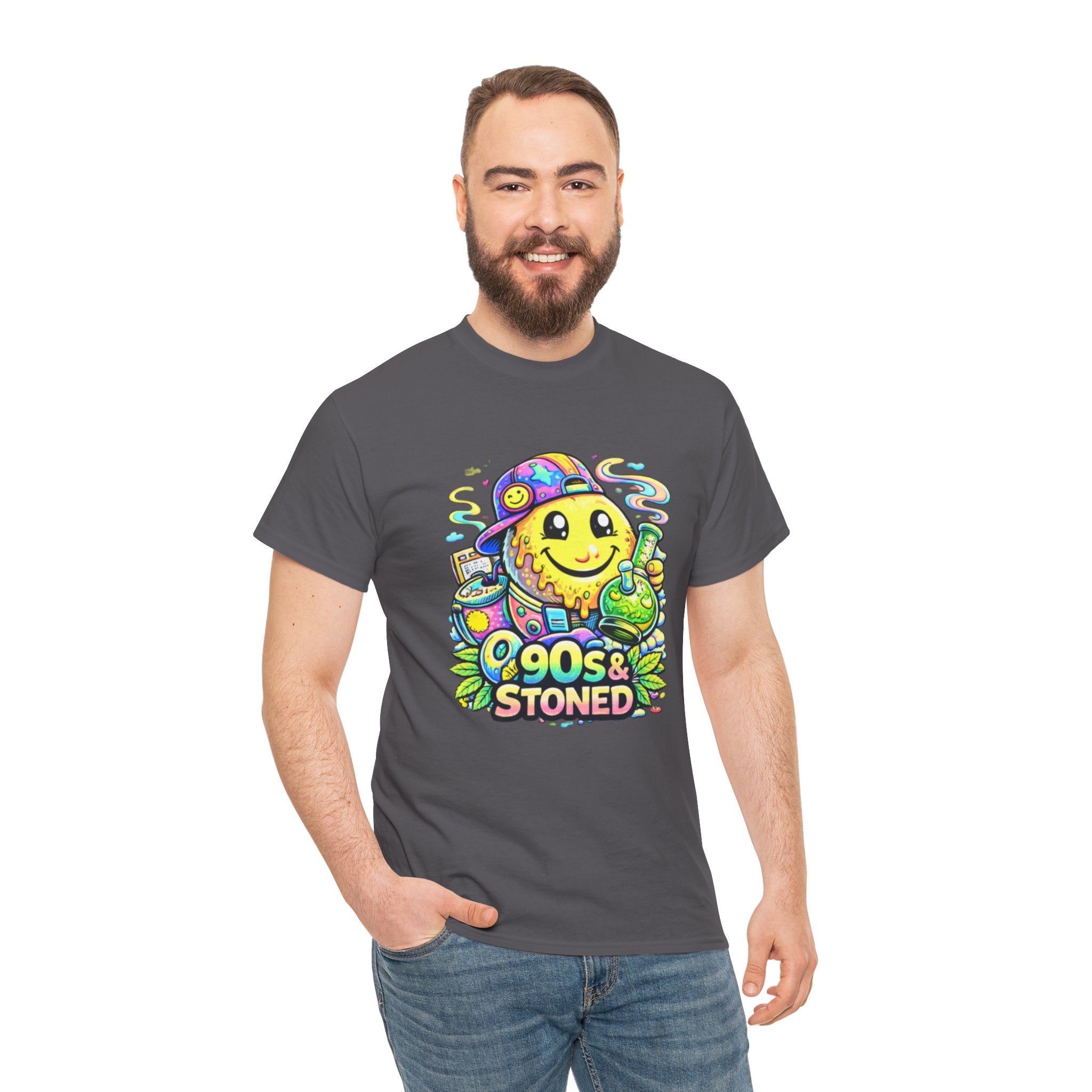 90s & Stoned Smiley Tee — Retro Vaporwave Cannabis Graphic T-Shirt