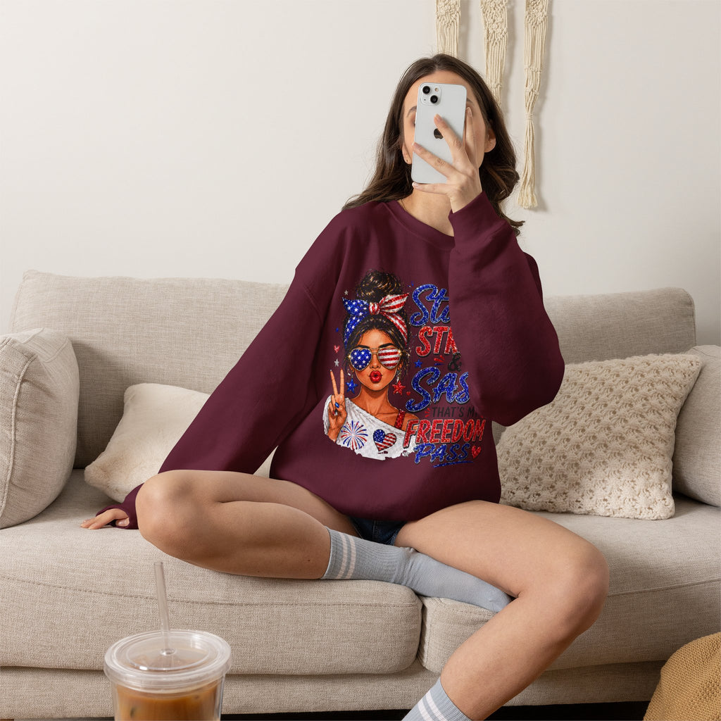 Patriotic 'Stars, Stripes & Sass' Crewneck Sweatshirt – 4th of July Freedom Pass Graphic