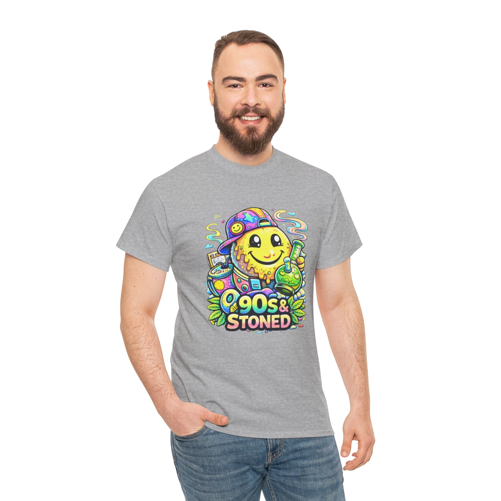 90s & Stoned Smiley Tee — Retro Vaporwave Cannabis Graphic T-Shirt