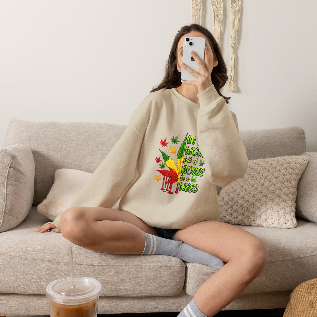 Crewneck Sweatshirt — "In a World Full of Roses Be a Weed" Rasta Cannabis Graphic
