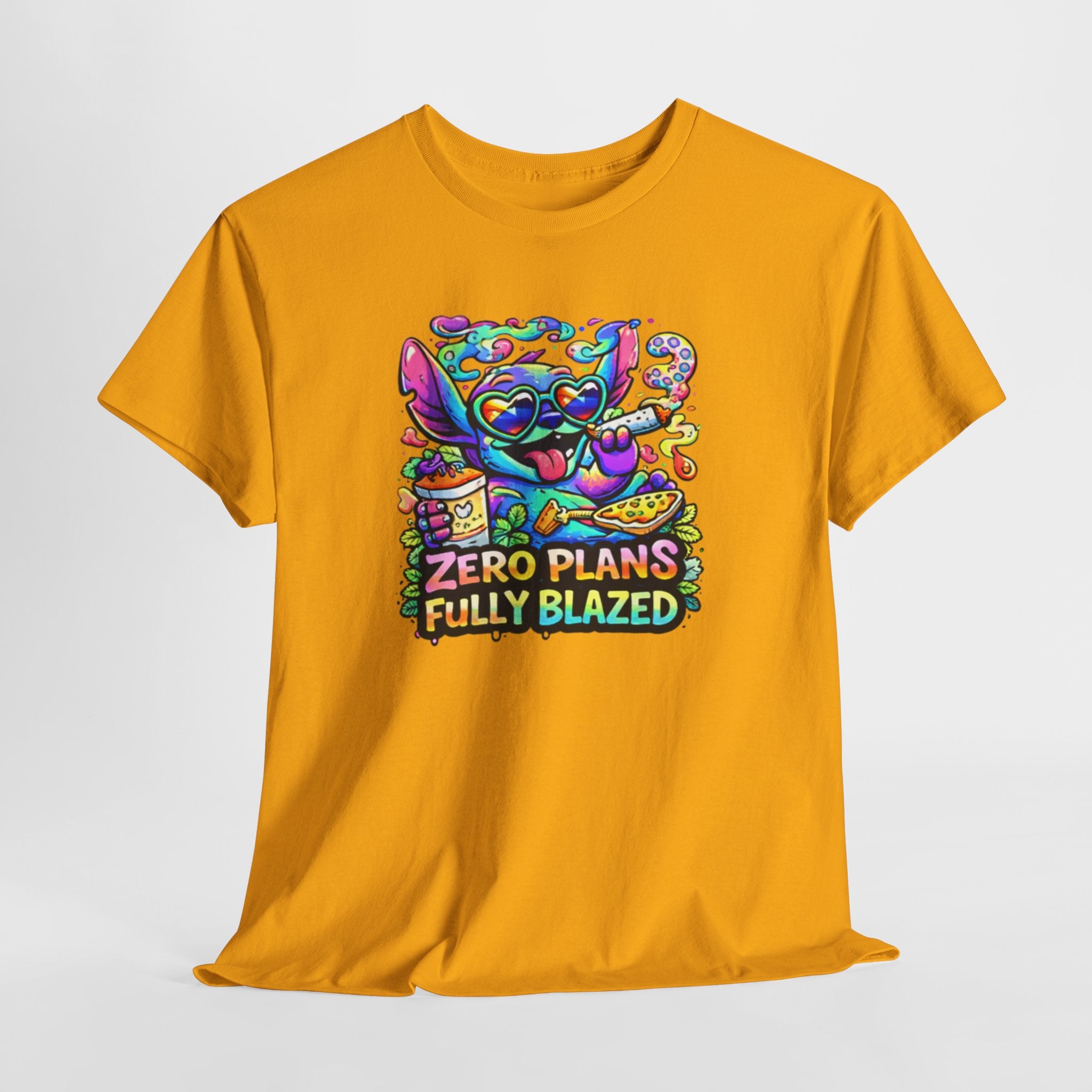 Zero Plans Fully Blazed Tee — Colorful Stoner Cat Graphic T-Shirt